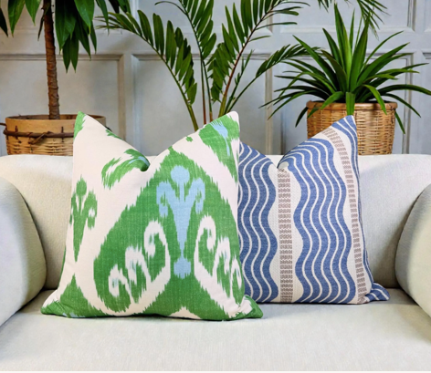 Sale!!! Price is for 2 - 20"X20" Ready to Ship Thibaut Indies Ikat Pillow - Green, Aqua Blue