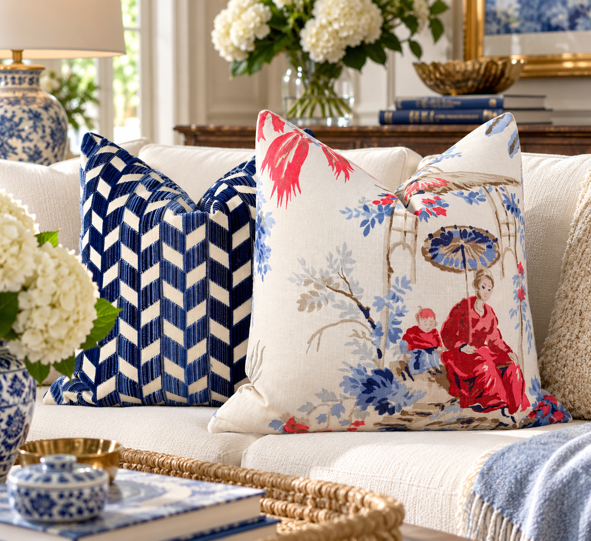 Schumacher Chevron Strié Velvet Pillow - Blue