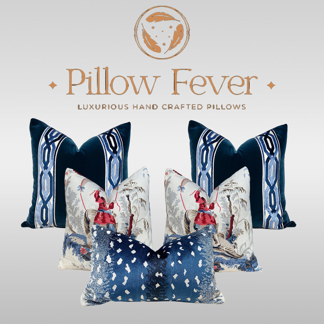 Midnight Blue Velvet Pillow - Woven Jacquard Tape