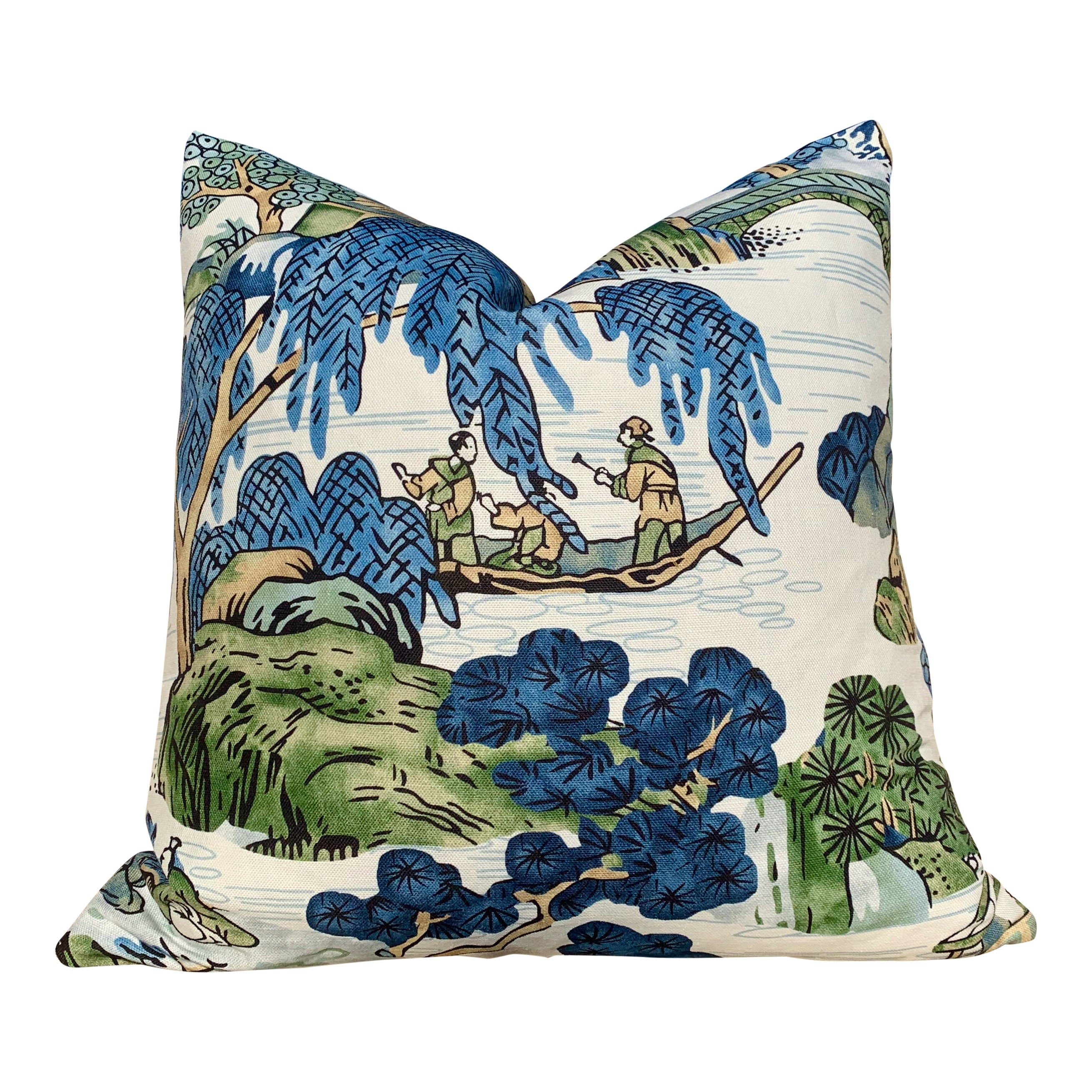 Thibaut Asian Scenic Pillow in Deep Blue and Green Colors.