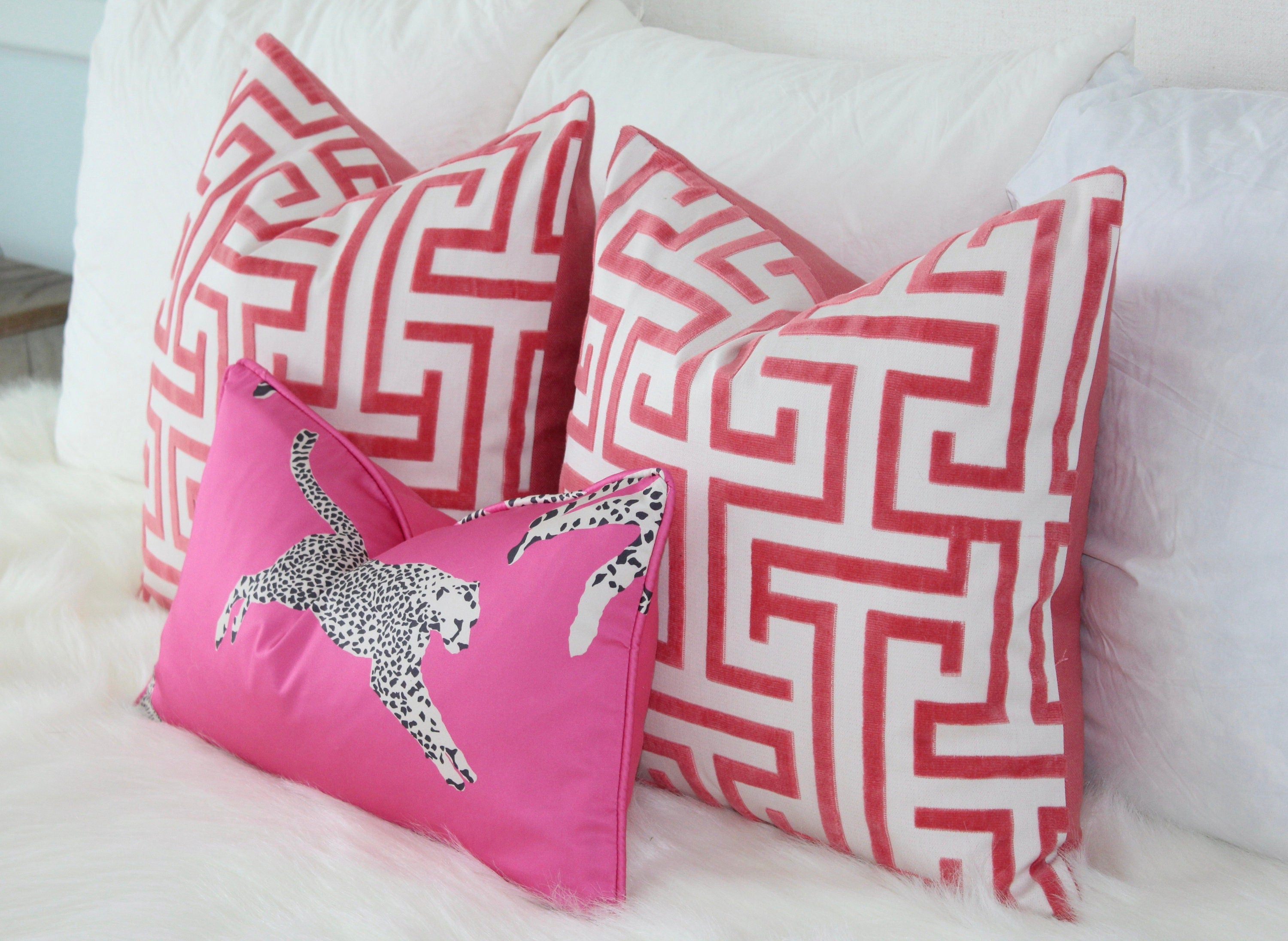 Thibaut Ming Trail Pillow in Red. Designer Pillows, Raised Velvet Pillows, High End Pillows, Geometric Velvet Pillow, Velvet Round Bolster