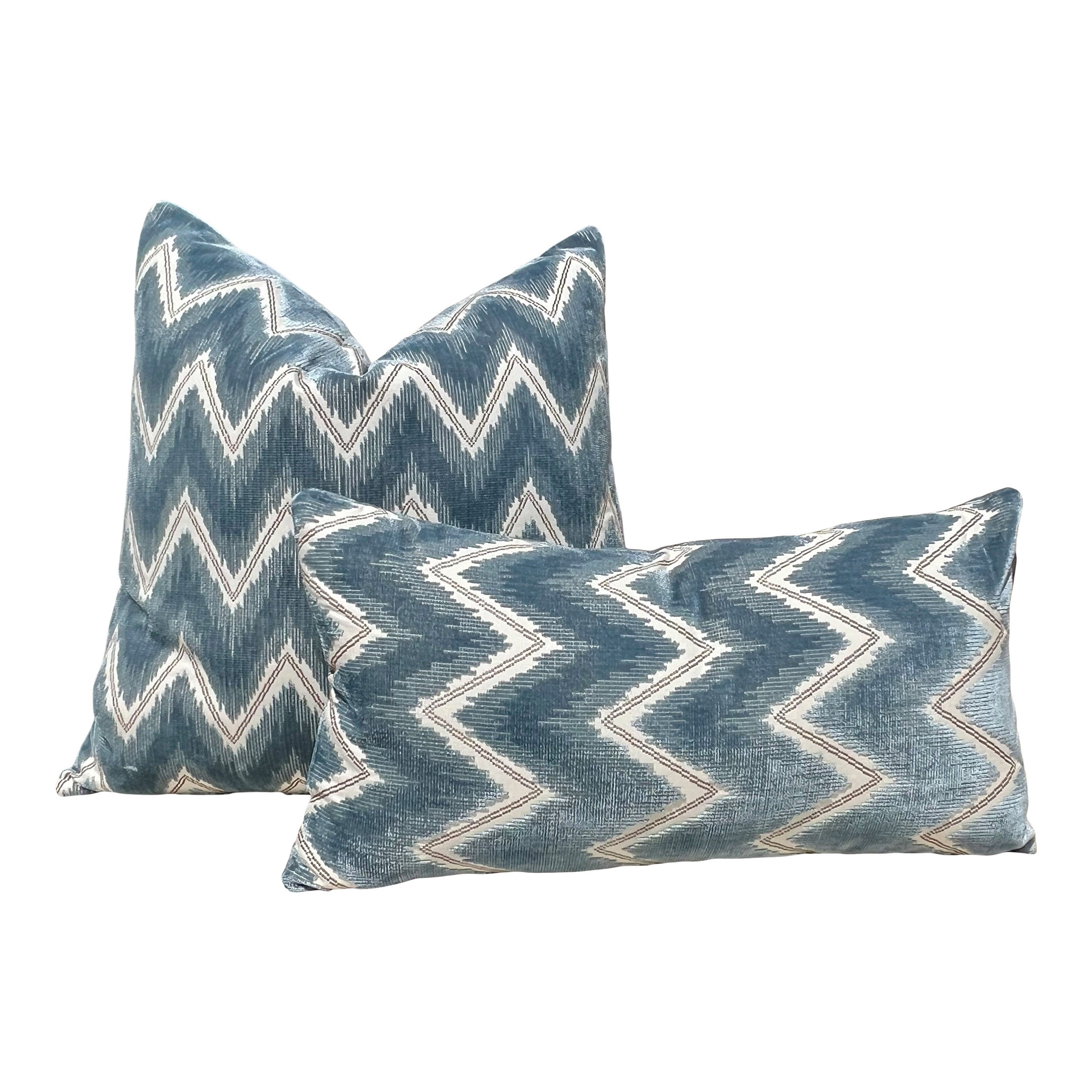 Schumacher Chevron Velvet Pillow in Mineral. Designer Zig Zag Velvet Cushion Cover, Modern Accent Pillows, Contemporary Geometric Pillows