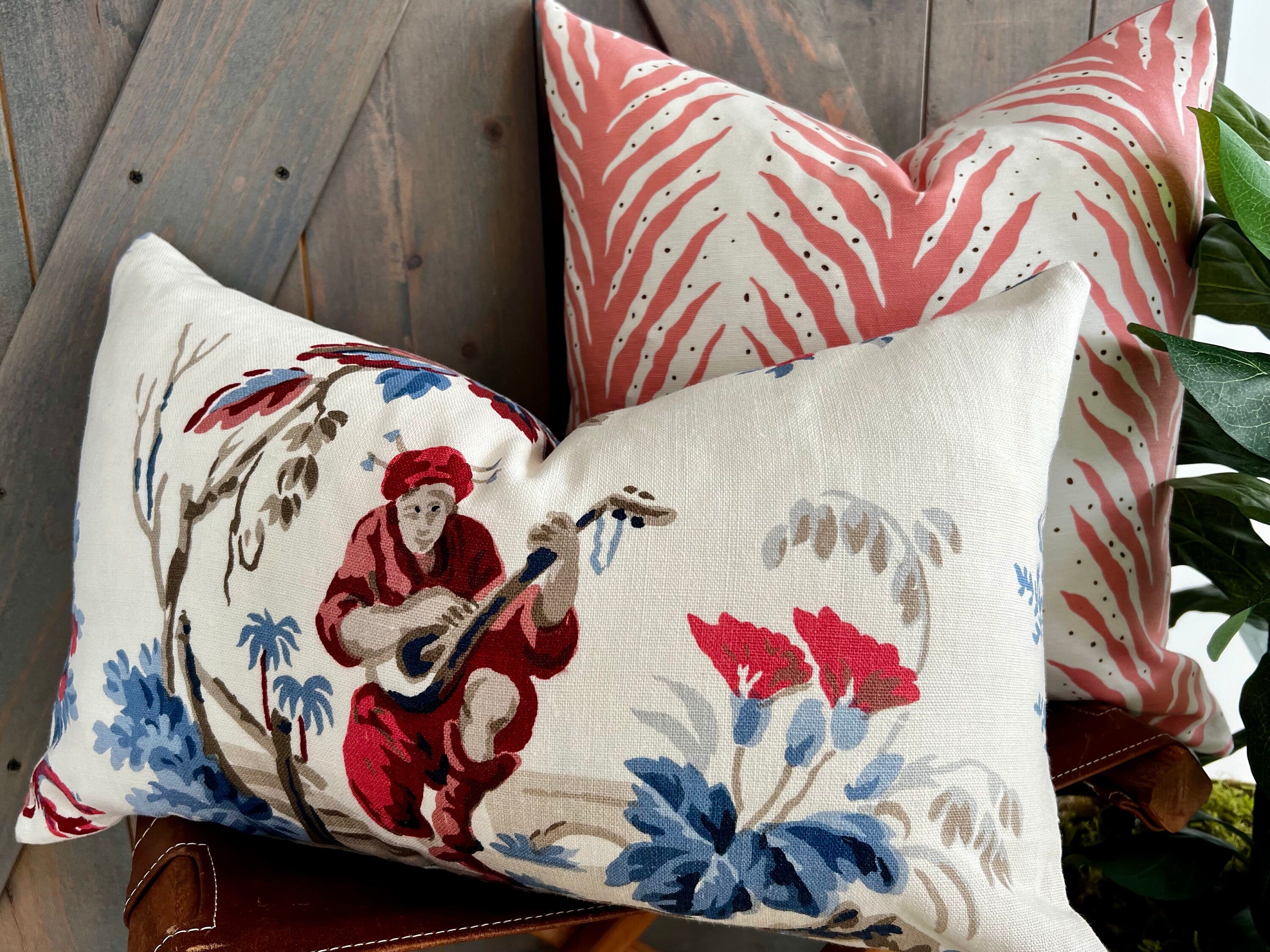 Schumacher Creeping Fern Pillow Coral. High End Pillows, Striped Lumbar Pillow in Coral, Designer Modern Throw Cushion, Euro Sham 26x26