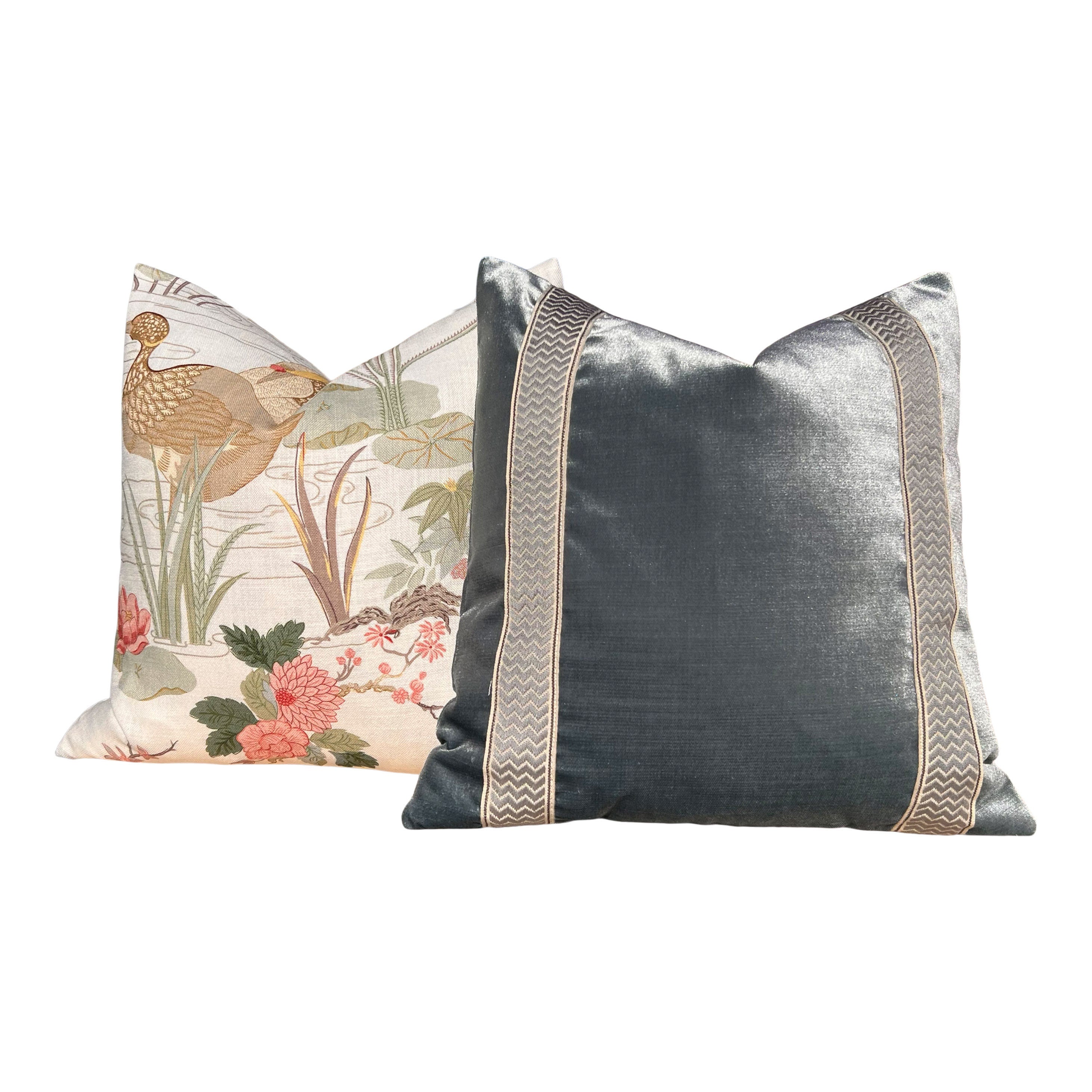 Lee Jofa Luzon Pillow in Spring. Decorative Linen Cream Pillow, Designer Exotic Bird Pillows,Accent Botanical Pillow, Euro Sham Cover 26x26