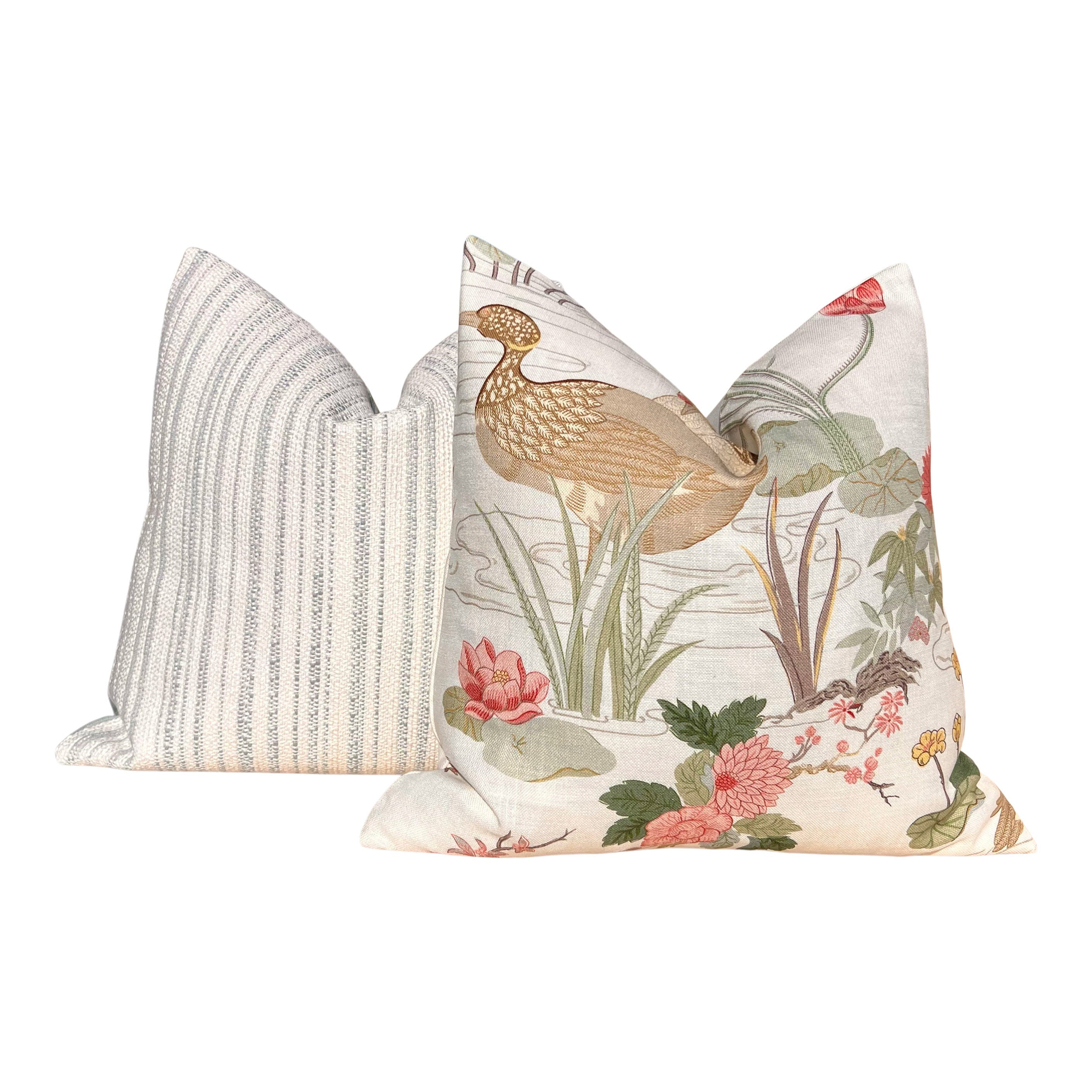 Lee Jofa Luzon Pillow in Spring. Decorative Linen Cream Pillow, Designer Exotic Bird Pillows,Accent Botanical Pillow, Euro Sham Cover 26x26