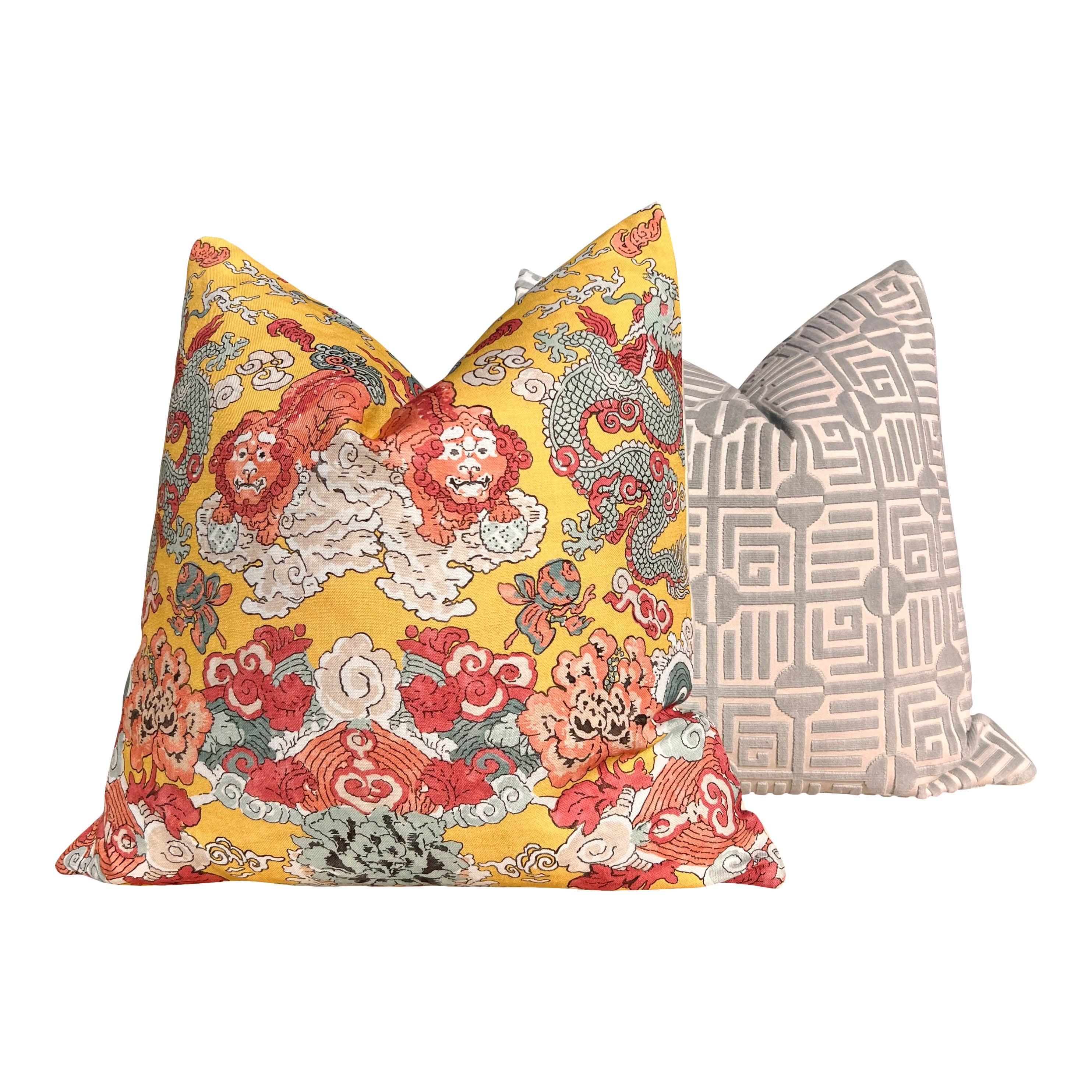 Schumacher Magic Mountain Dragon In Yellow. Chinoiserie Accent Linen Pillow, Aqua Yellow Coral Cushion Cover, High End Designer Pillows