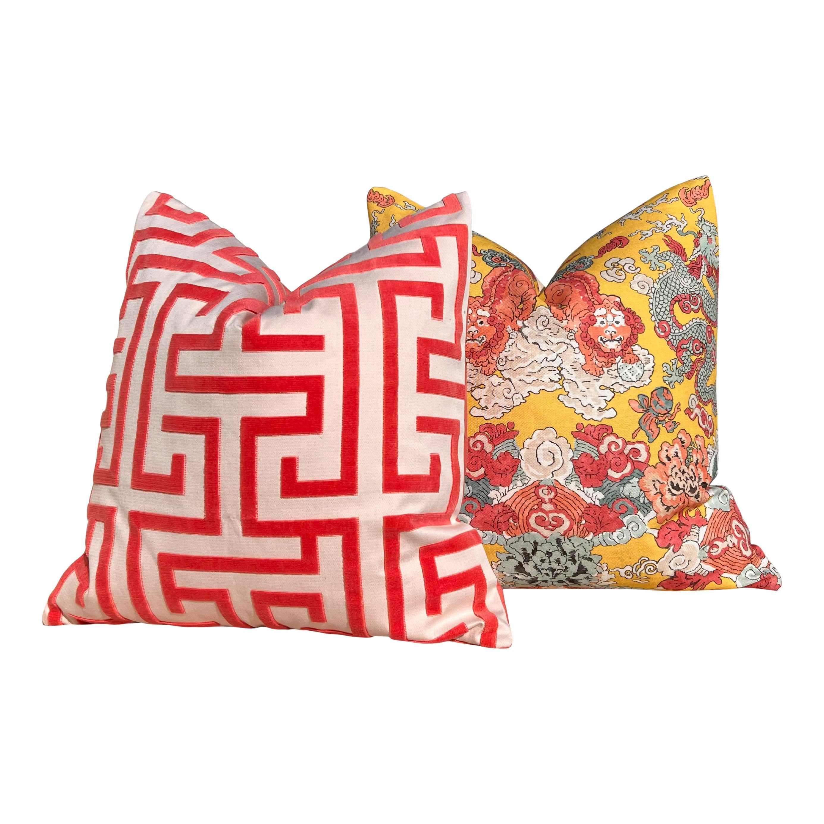 Schumacher Magic Mountain Dragon In Yellow. Chinoiserie Accent Linen Pillow, Aqua Yellow Coral Cushion Cover, High End Designer Pillows