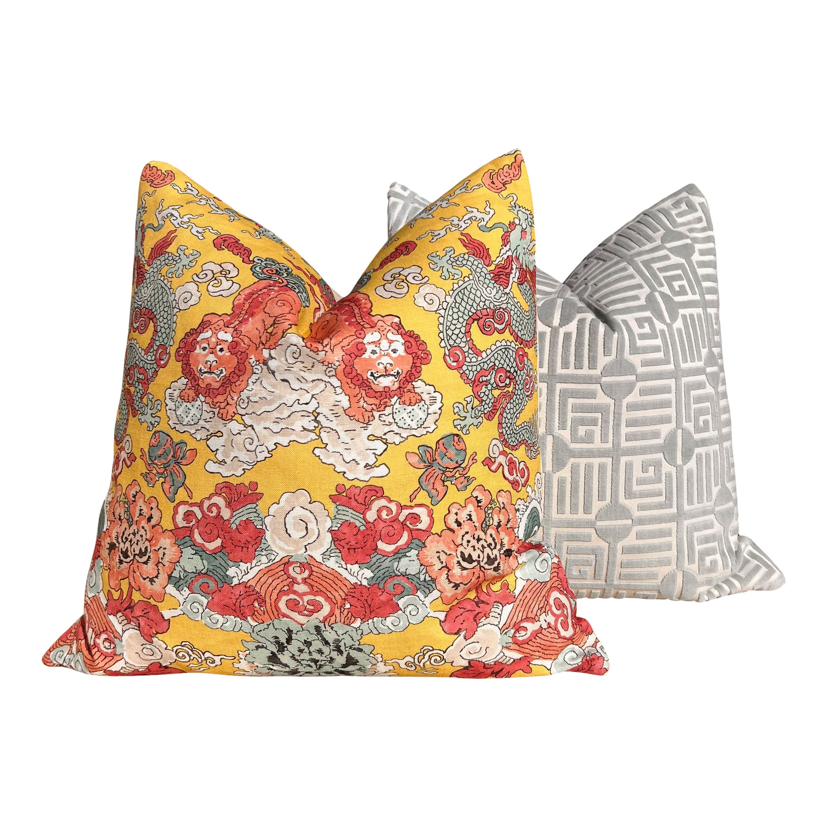 Schumacher Magic Mountain Dragon In Yellow. Chinoiserie Accent Linen Pillow, Aqua Yellow Coral Cushion Cover, High End Designer Pillows