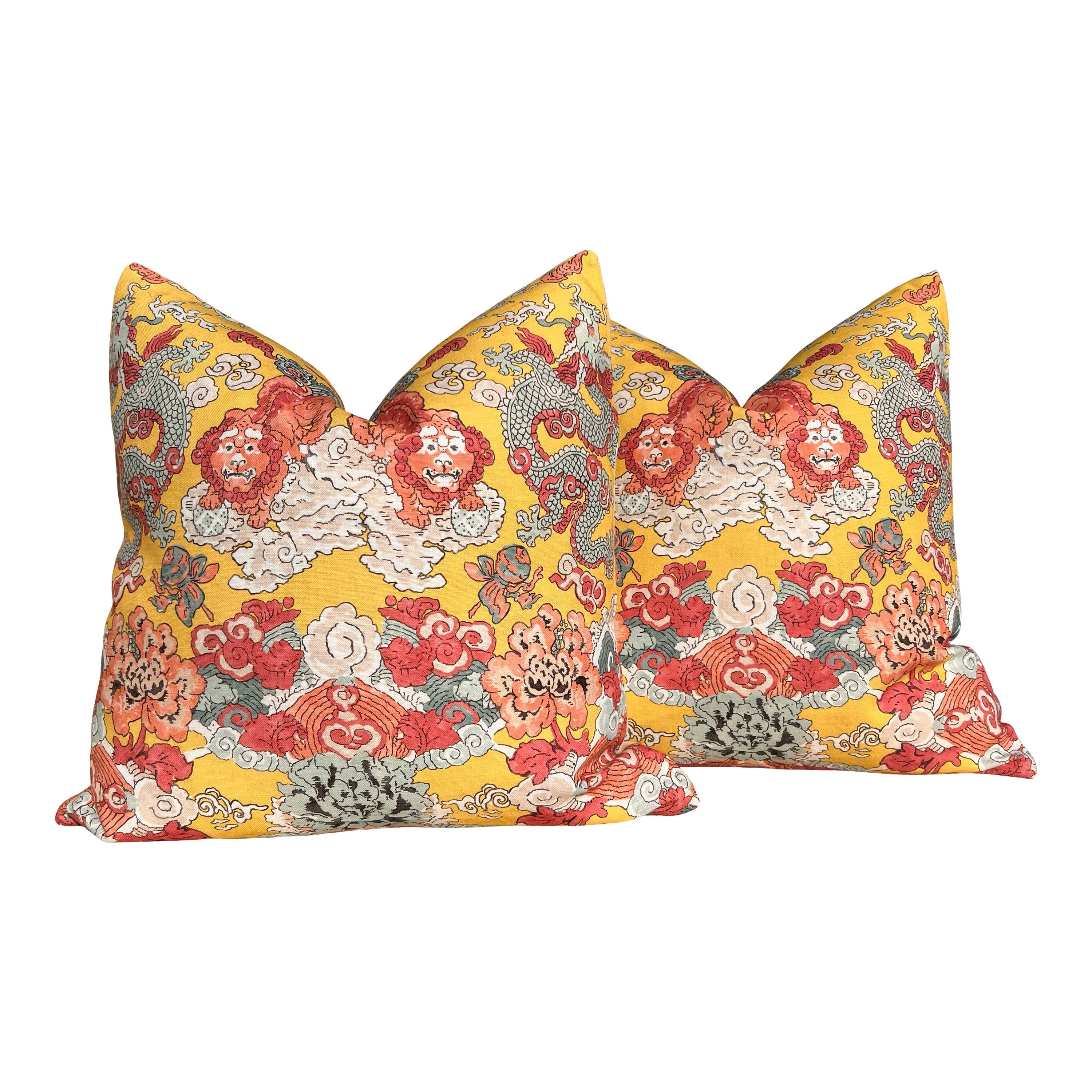 Schumacher Magic Mountain Dragon In Yellow. Chinoiserie Accent Linen Pillow, Aqua Yellow Coral Cushion Cover, High End Designer Pillows