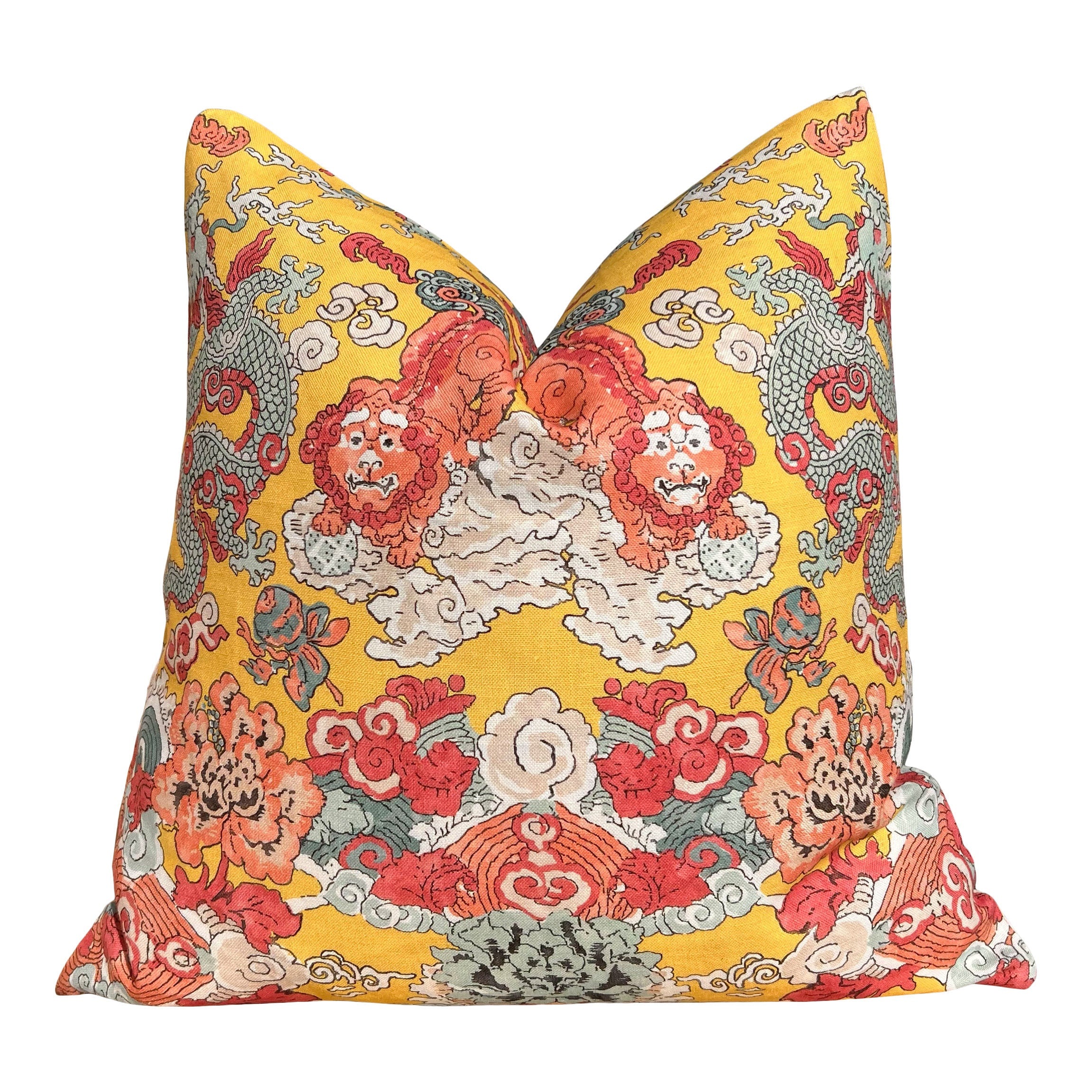 Schumacher Magic Mountain Dragon In Yellow. Chinoiserie Accent Linen Pillow, Aqua Yellow Coral Cushion Cover, High End Designer Pillows
