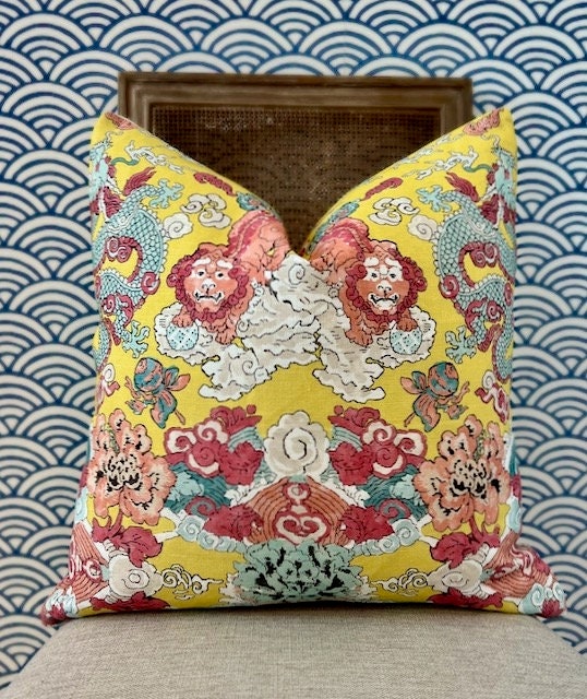Schumacher Magic Mountain Dragon In Yellow. Chinoiserie Accent Linen Pillow, Aqua Yellow Coral Cushion Cover, High End Designer Pillows