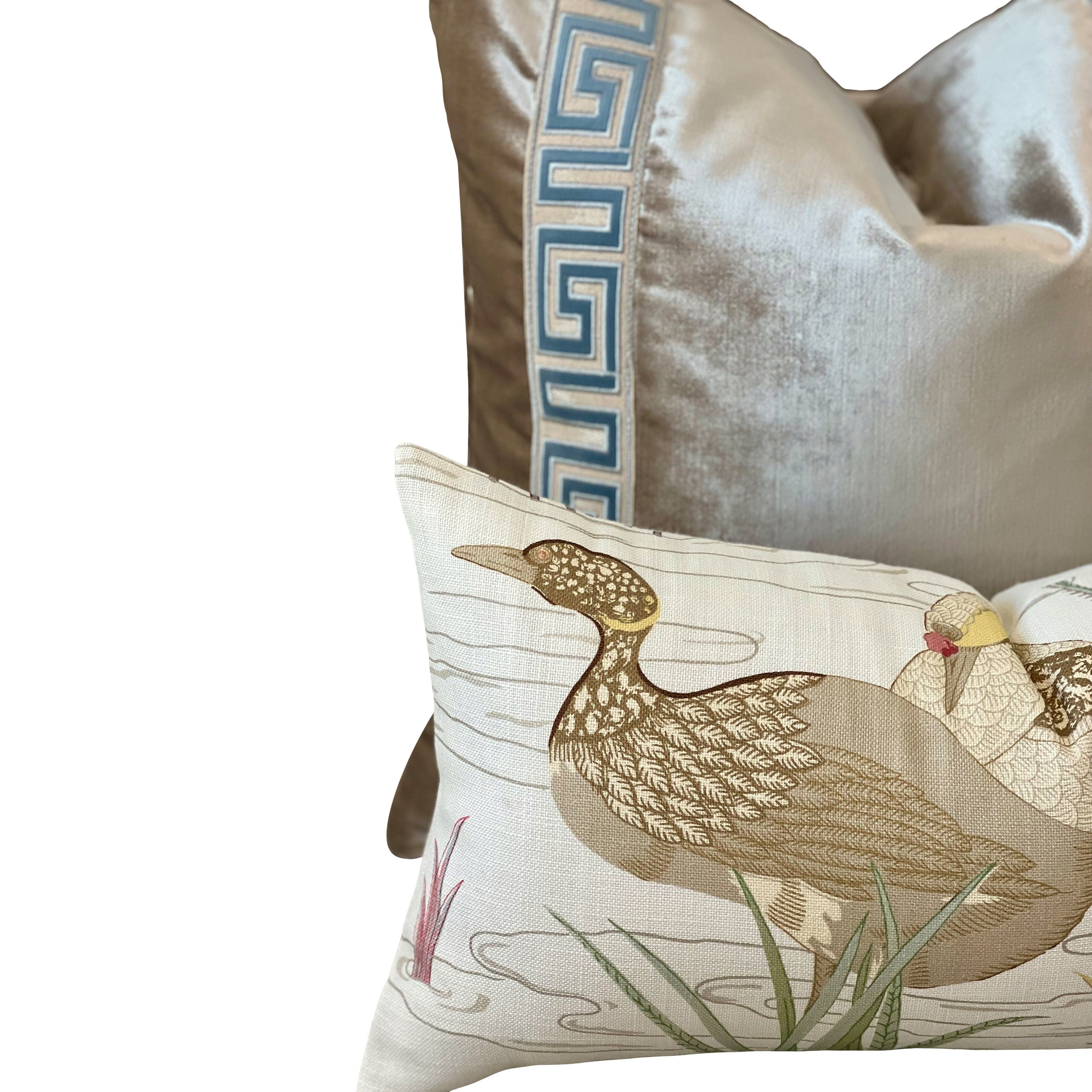 Lee Jofa Luzon Pillow in Spring. Decorative Linen Cream Pillow, Designer Exotic Bird Pillows,Accent Botanical Pillow, Euro Sham Cover 26x26