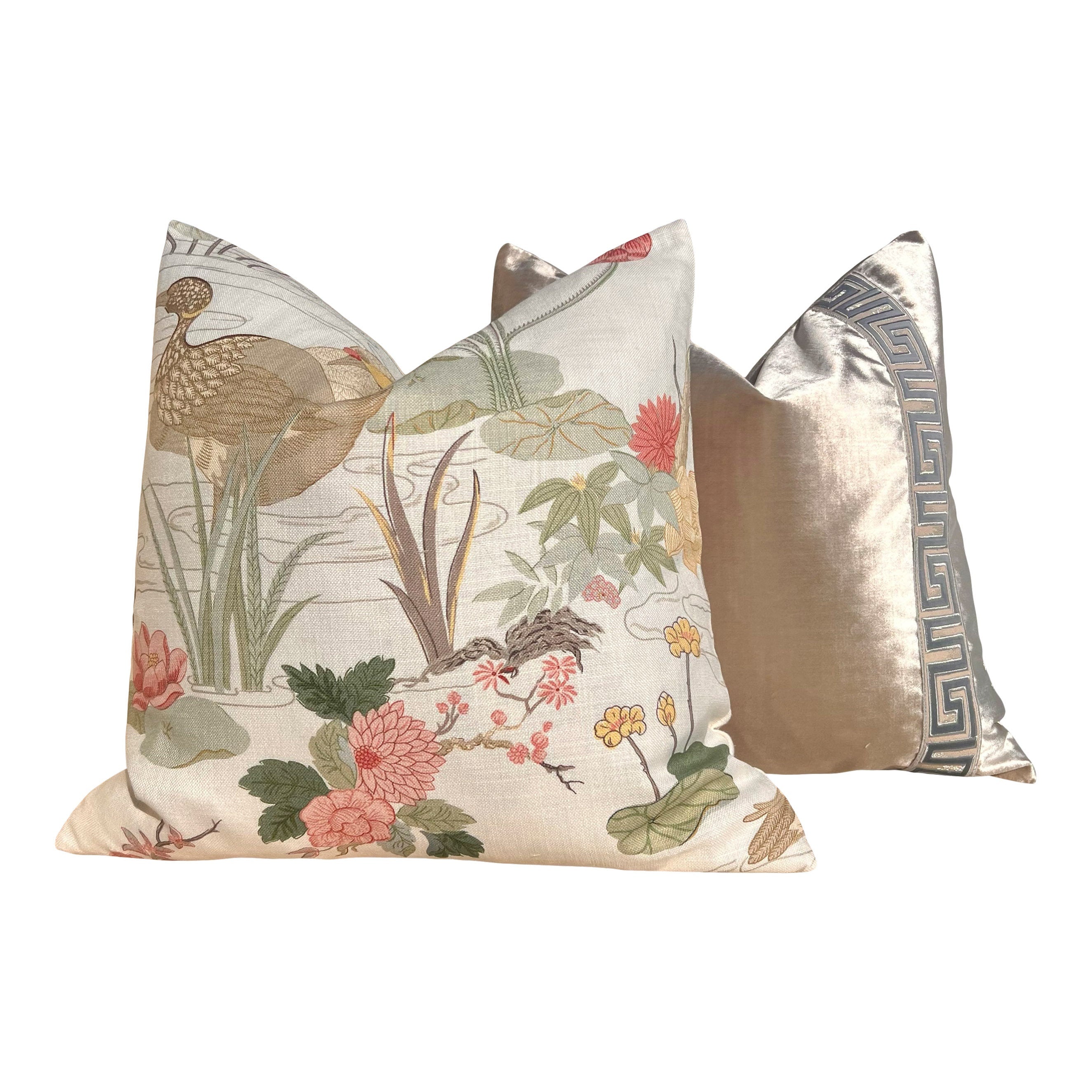 Lee Jofa Luzon Pillow in Spring. Decorative Linen Cream Pillow, Designer Exotic Bird Pillows,Accent Botanical Pillow, Euro Sham Cover 26x26