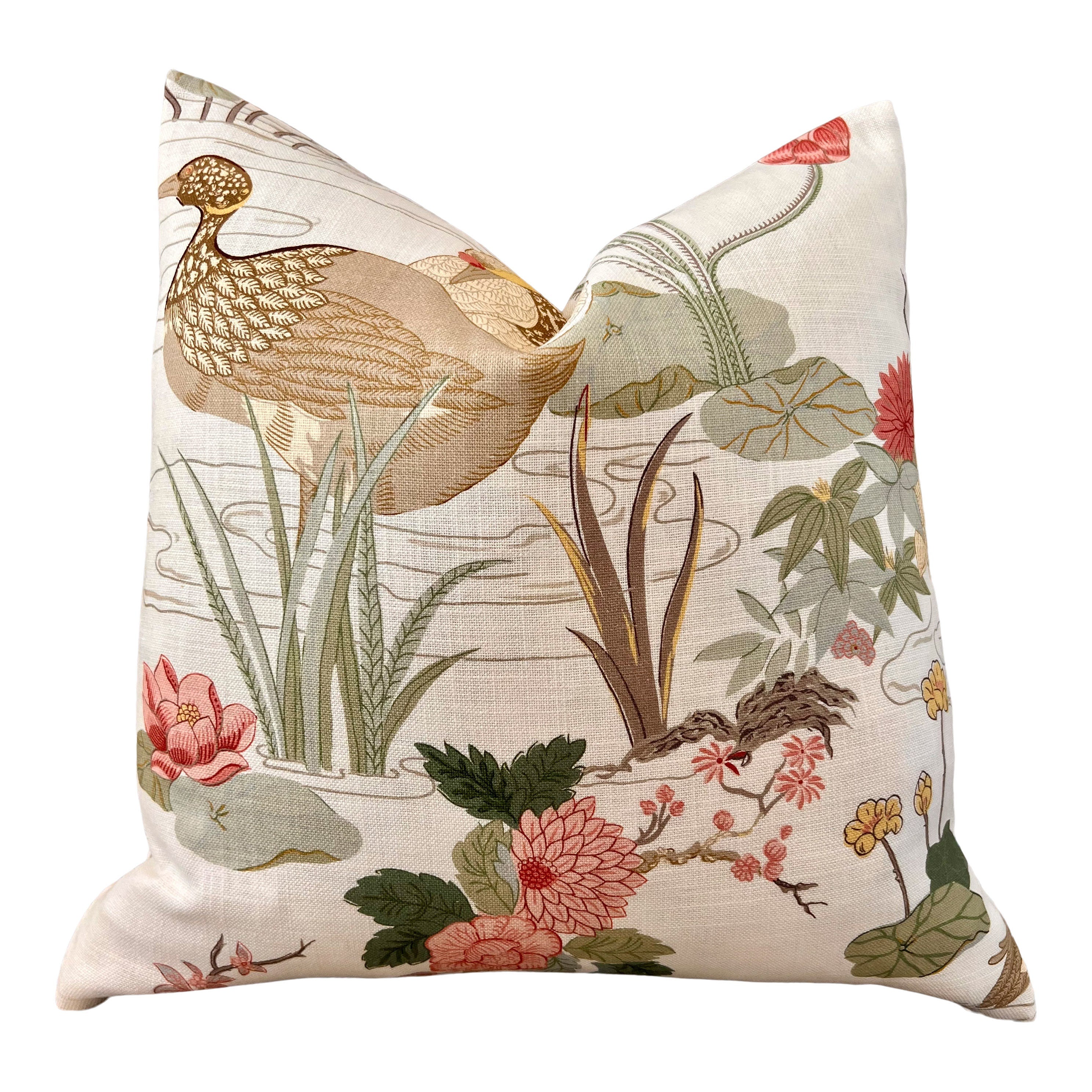 Lee Jofa Luzon Pillow in Spring. Decorative Linen Cream Pillow, Designer Exotic Bird Pillows,Accent Botanical Pillow, Euro Sham Cover 26x26