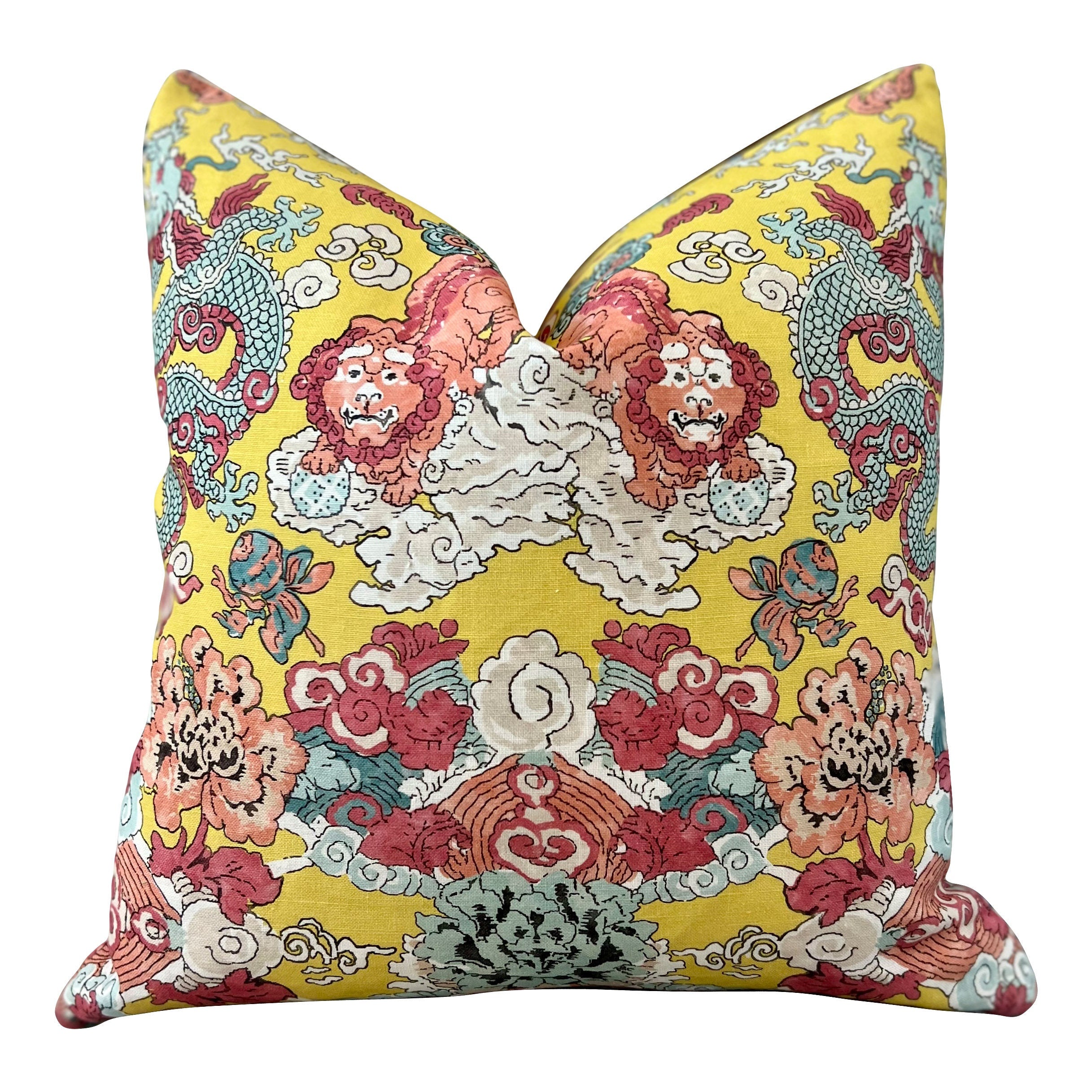 Schumacher Magic Mountain Dragon In Yellow. Chinoiserie Accent Linen Pillow, Aqua Yellow Coral Cushion Cover, High End Designer Pillows