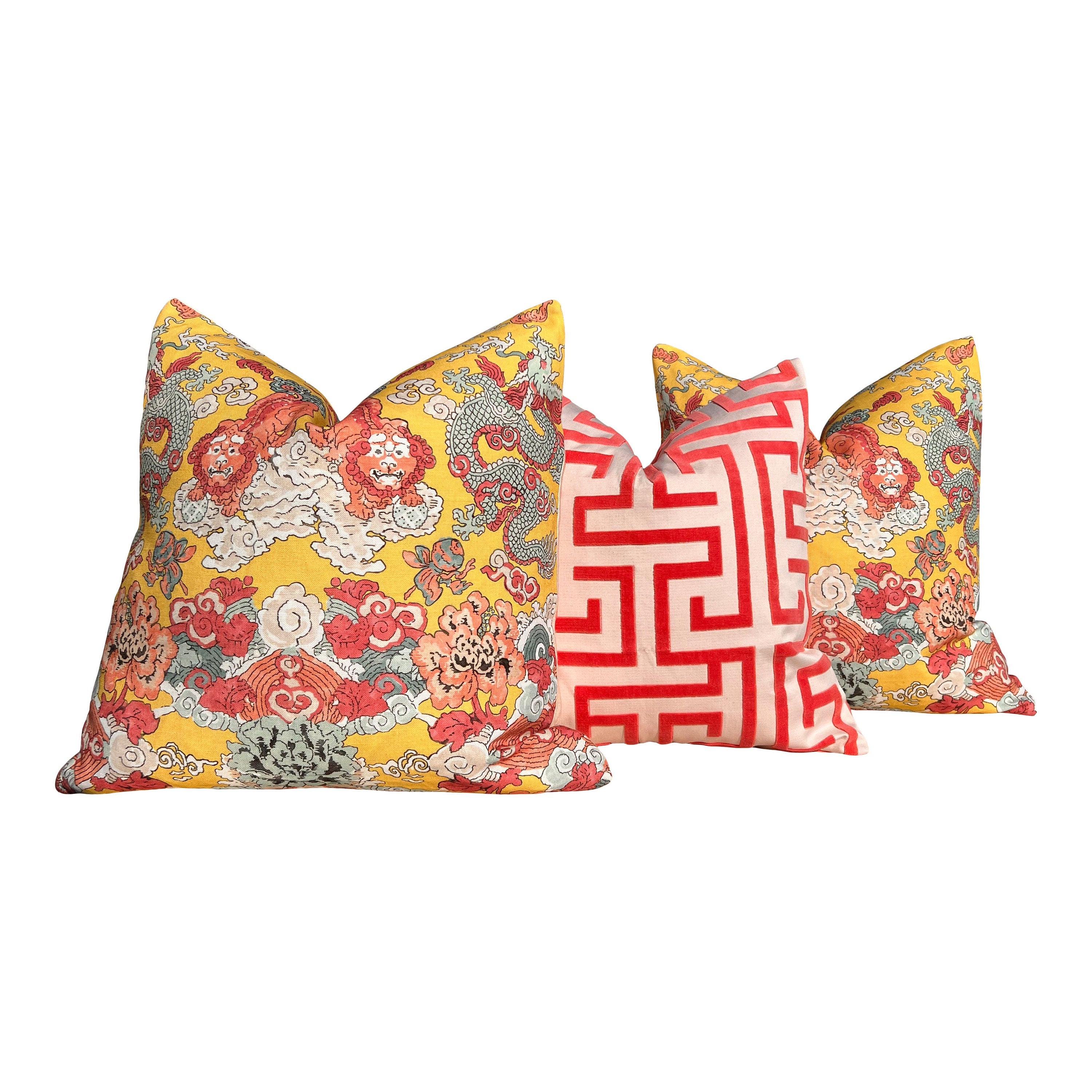 Schumacher Magic Mountain Dragon In Yellow. Chinoiserie Accent Linen Pillow, Aqua Yellow Coral Cushion Cover, High End Designer Pillows