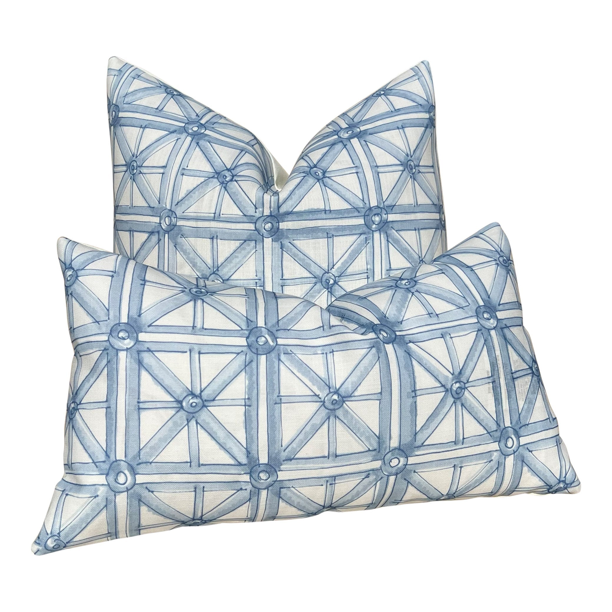 Schumacher Outdoor Portail Francais in Sky Blue. Designer Pillow Covers, Accent Aqua Blue Cushion Covers, Blue Geometric Outdoor Pillows