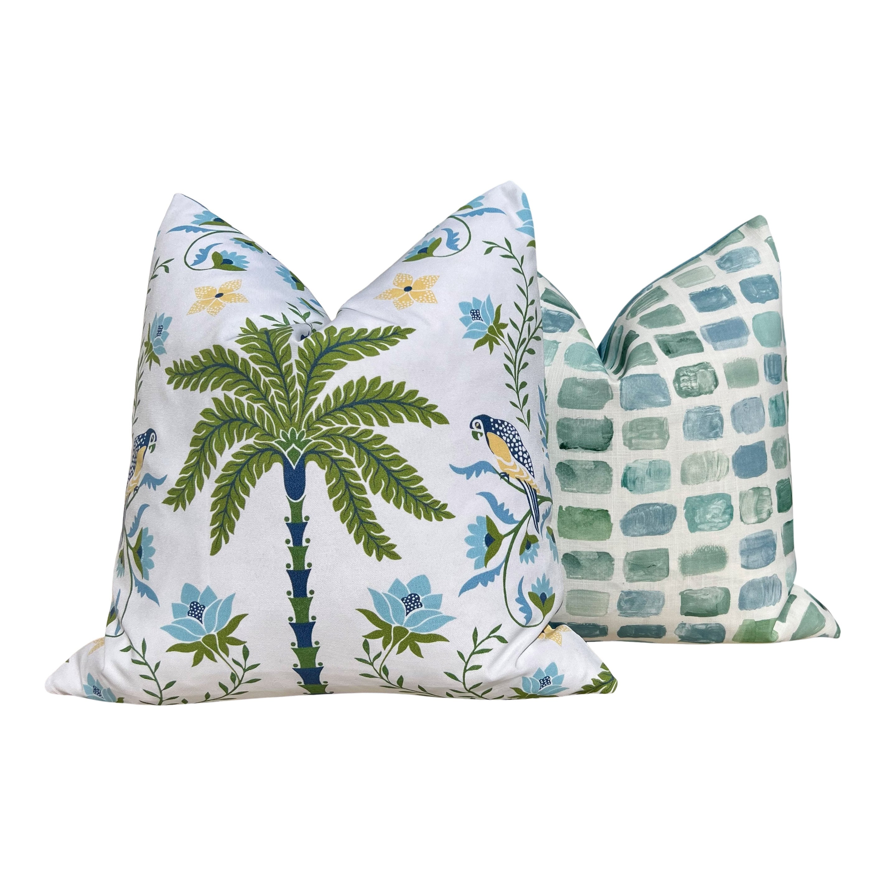 Schumacher Island Palm Outdoor Decorative Pillows. Designer Pillow Covers, Accent Blue Green Tropical Pillows, Hig End Outdoor Cushions