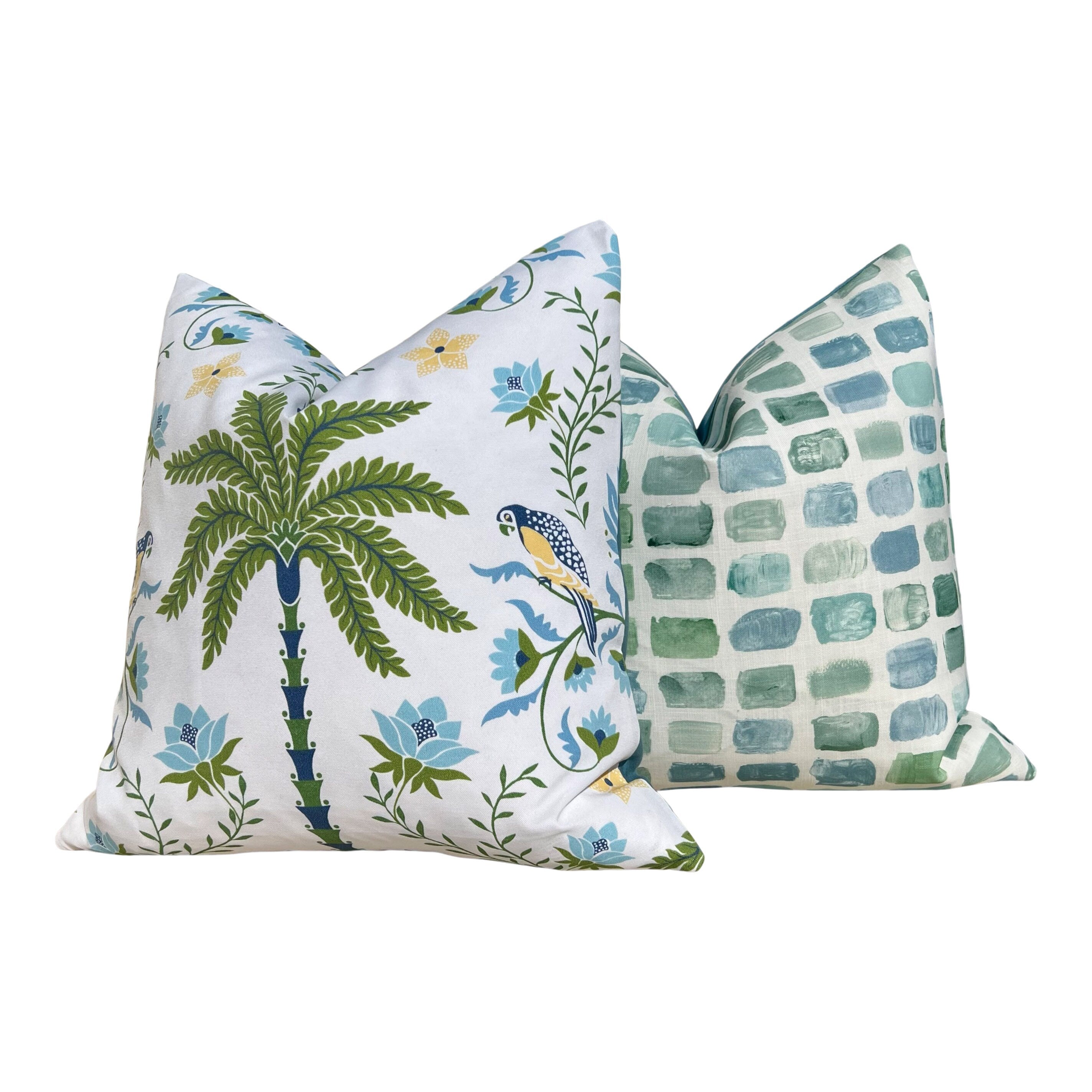 Schumacher Island Palm Outdoor Decorative Pillows. Designer Pillow Covers, Accent Blue Green Tropical Pillows, Hig End Outdoor Cushions