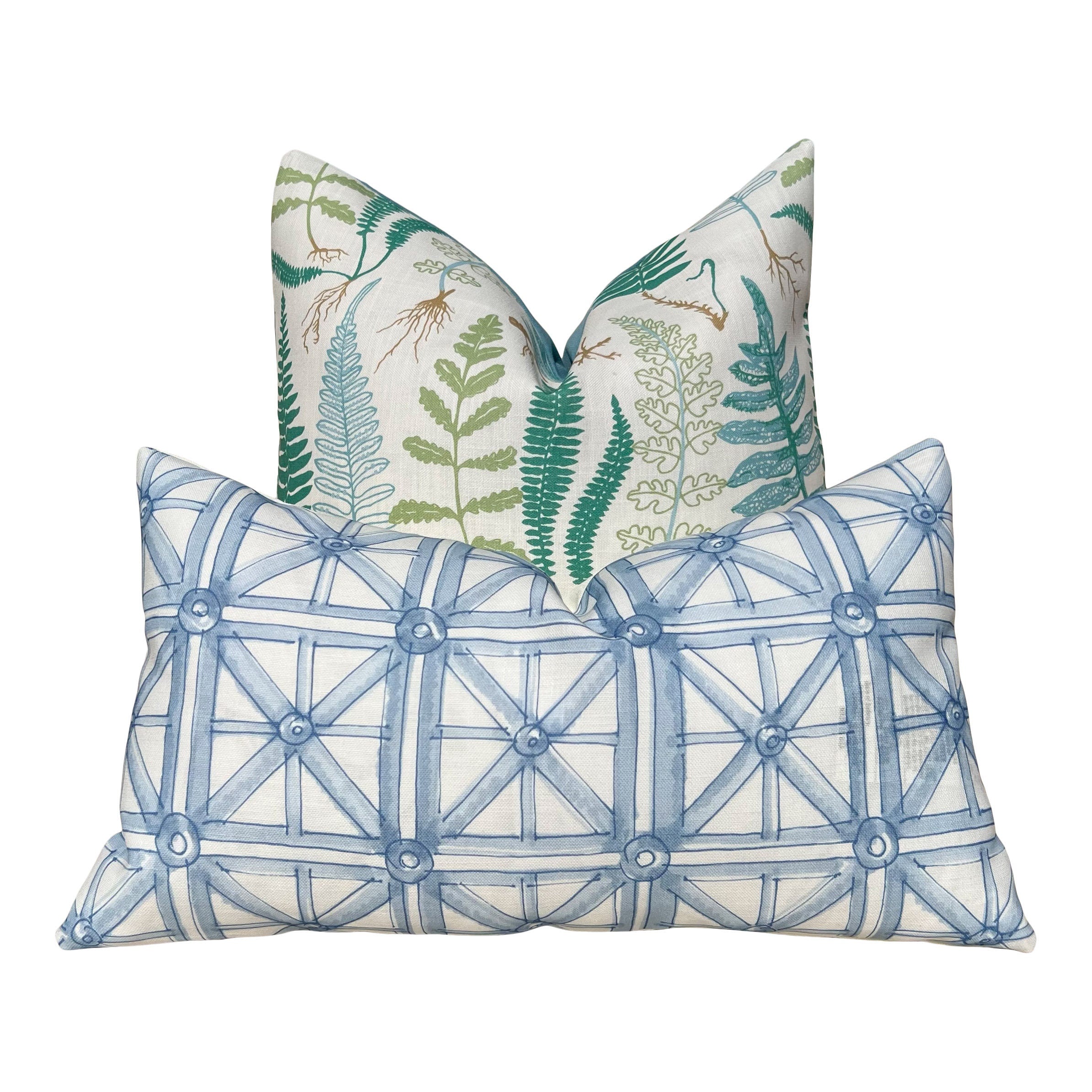 Schumacher Halcott Outdoor Decorative Pillows in Aqua. Designer Pillow Covers, Accent Fern Tropical Pillows, Hig End Patio Outdoor Pillows