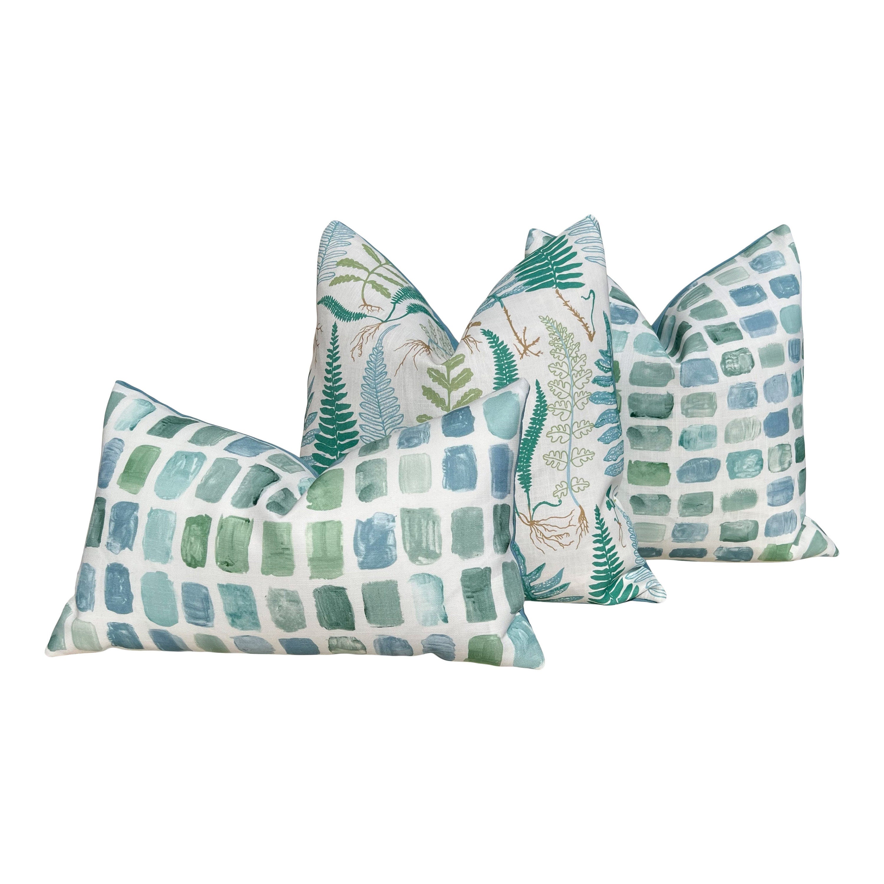 Schumacher Halcott Outdoor Decorative Pillows in Aqua. Designer Pillow Covers, Accent Fern Tropical Pillows, Hig End Patio Outdoor Pillows