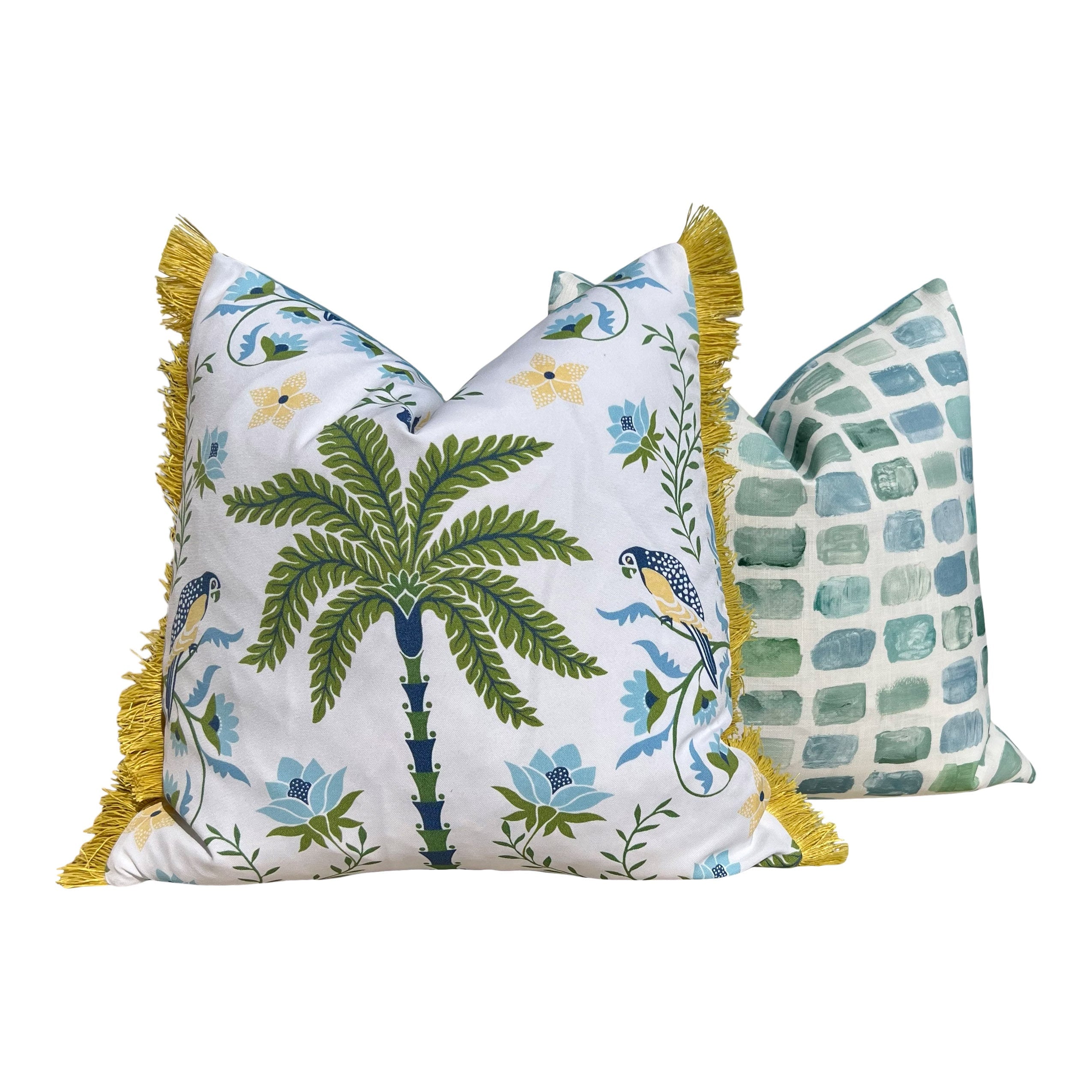 Schumacher Island Palm Outdoor Decorative Pillows. Designer Pillow Covers, Accent Blue Green Tropical Pillows, Hig End Outdoor Cushions