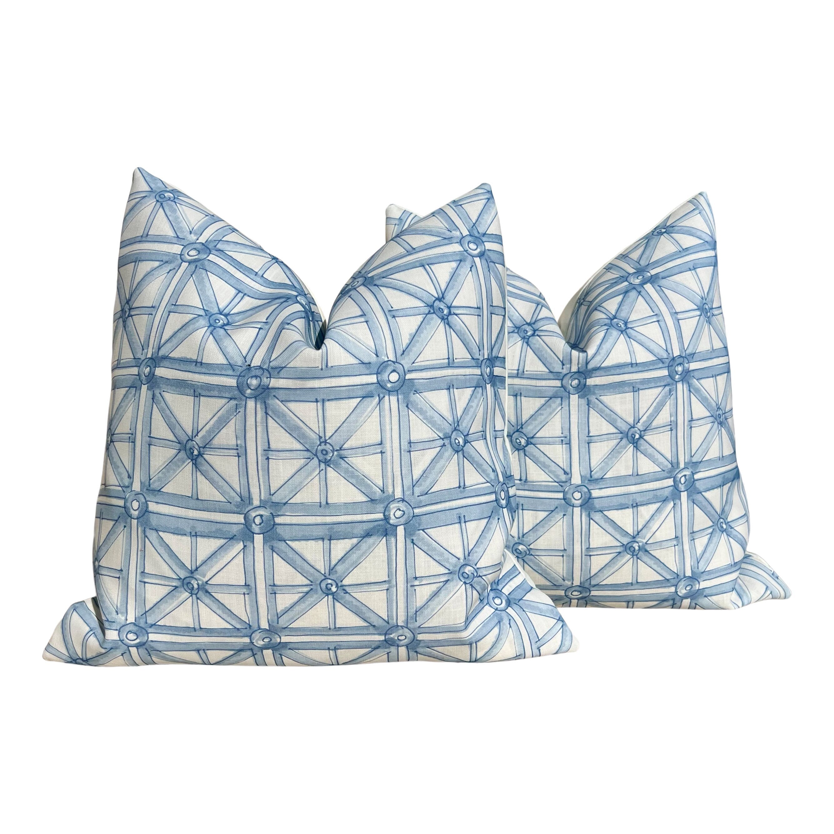 Schumacher Outdoor Portail Francais in Sky Blue. Designer Pillow Covers, Accent Aqua Blue Cushion Covers, Blue Geometric Outdoor Pillows