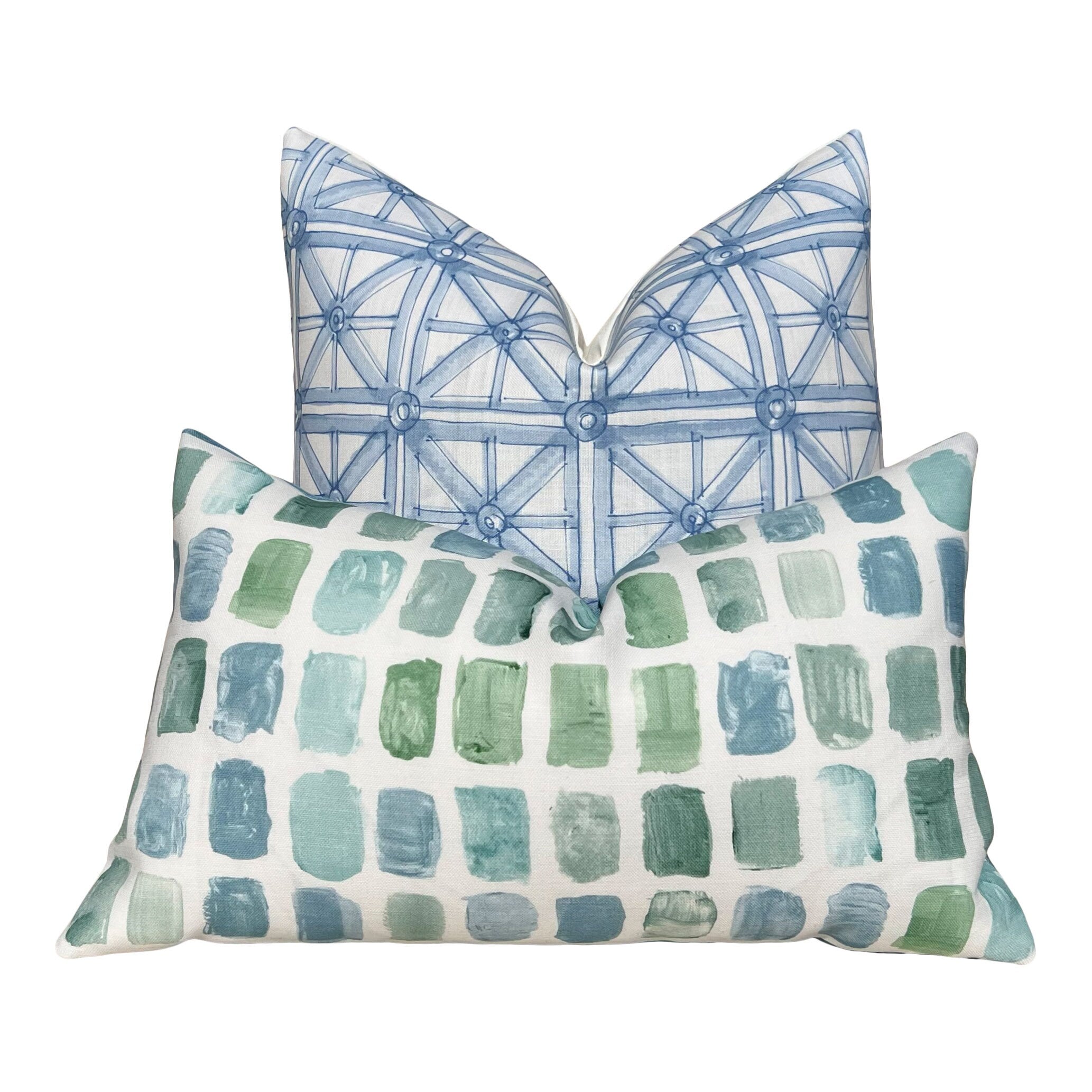 Schumacher Outdoor Portail Francais in Sky Blue. Designer Pillow Covers, Accent Aqua Blue Cushion Covers, Blue Geometric Outdoor Pillows