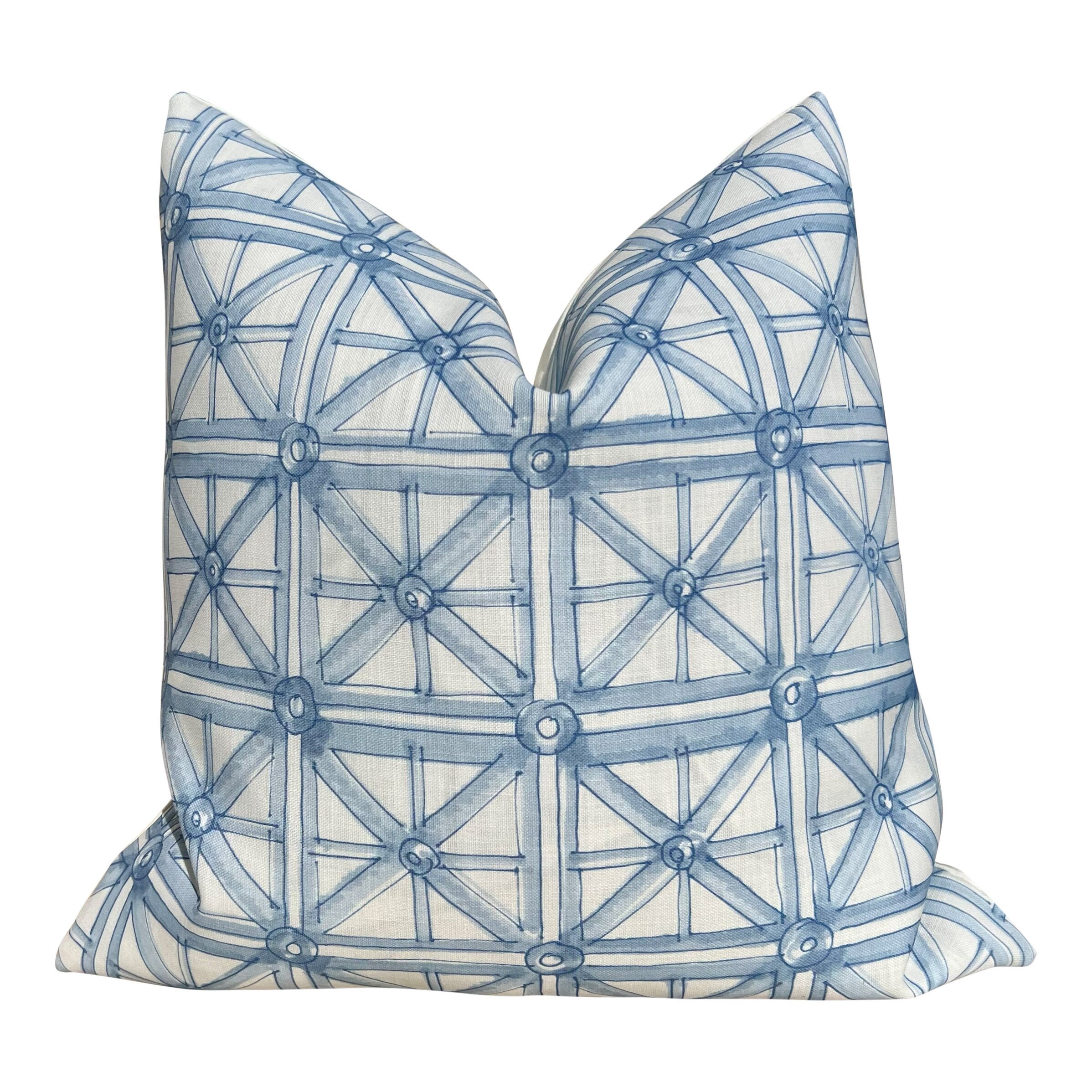 Schumacher Outdoor Portail Francais in Sky Blue. Designer Pillow Covers, Accent Aqua Blue Cushion Covers, Blue Geometric Outdoor Pillows