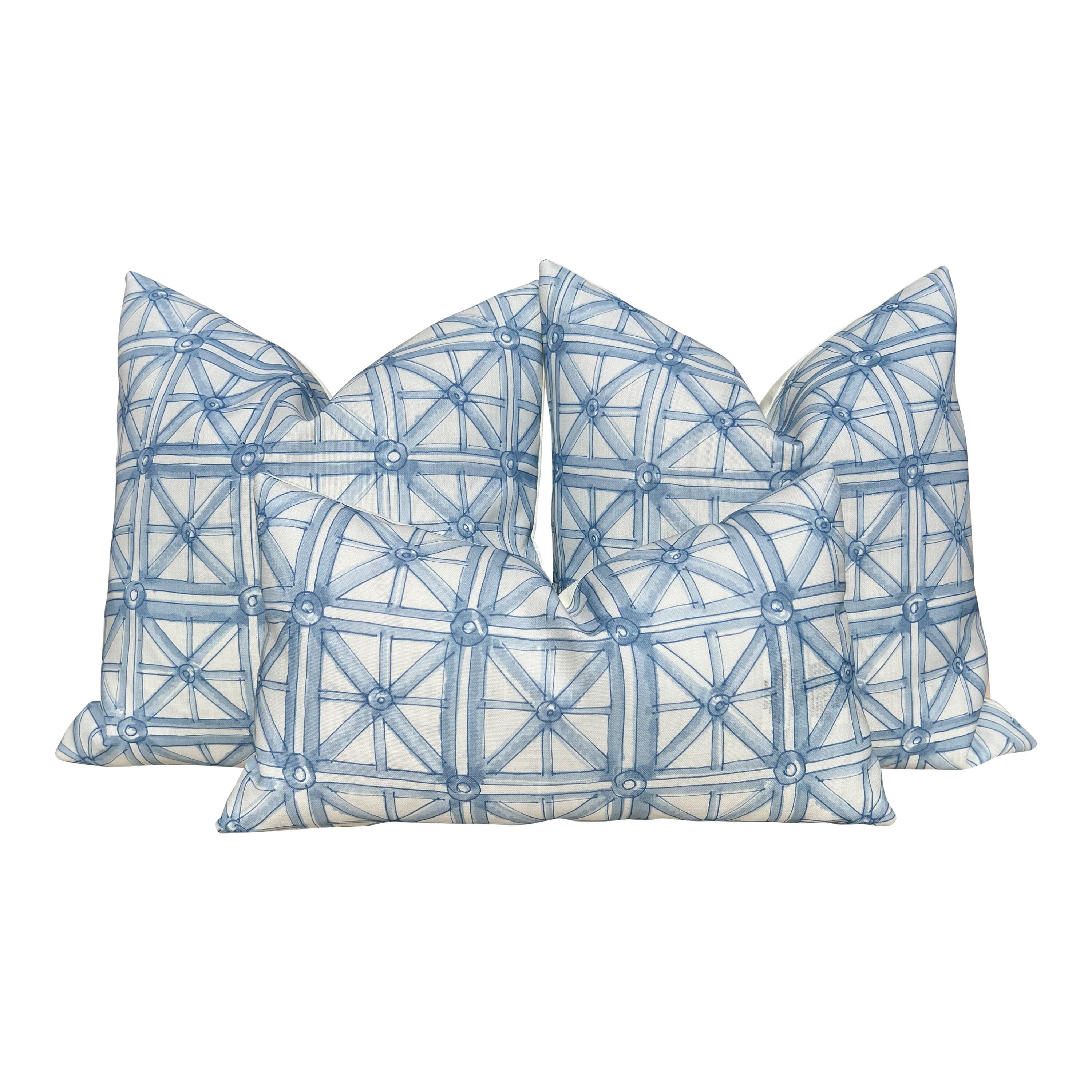 Schumacher Outdoor Portail Francais in Sky Blue. Designer Pillow Covers, Accent Aqua Blue Cushion Covers, Blue Geometric Outdoor Pillows
