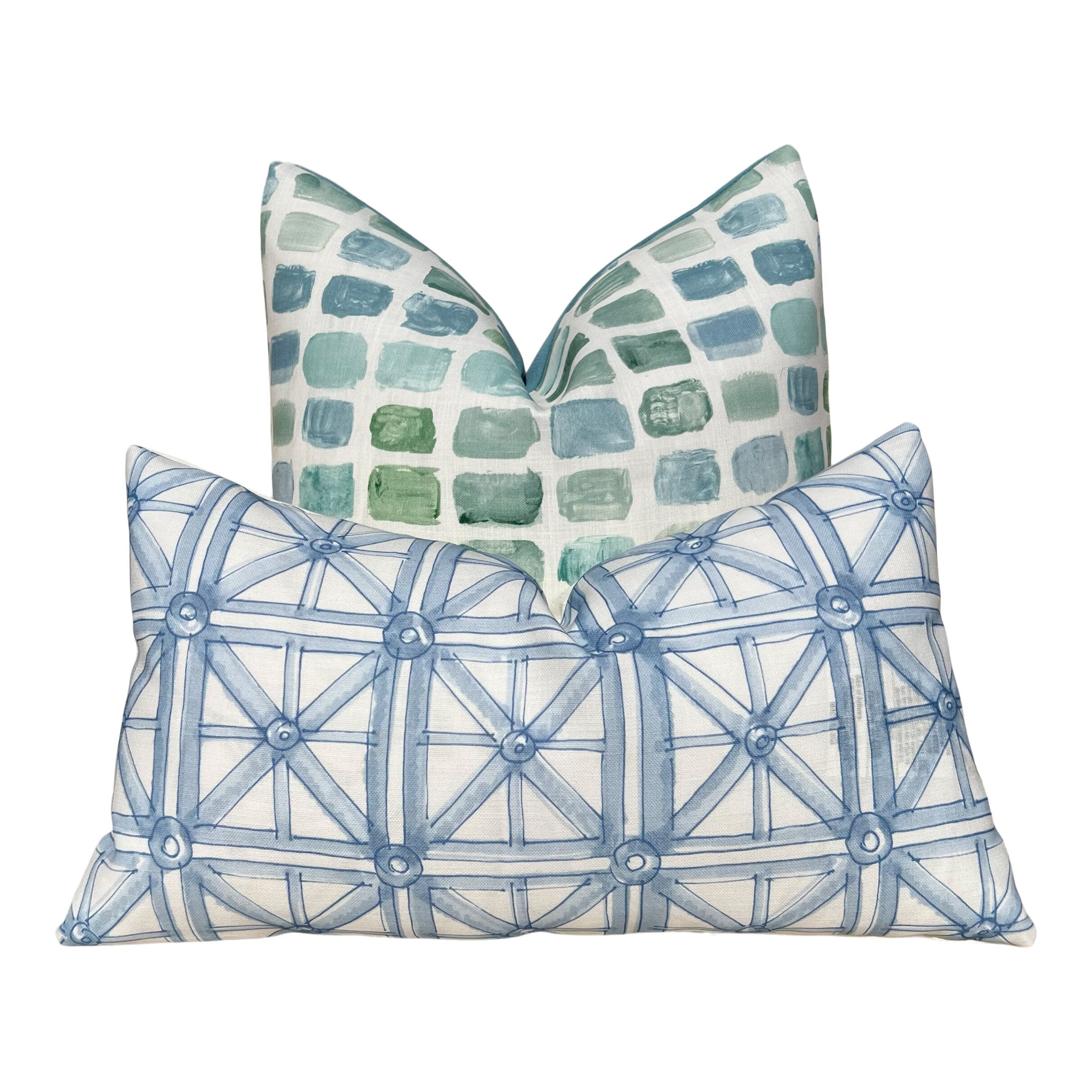 Schumacher Outdoor Portail Francais in Sky Blue. Designer Pillow Covers, Accent Aqua Blue Cushion Covers, Blue Geometric Outdoor Pillows