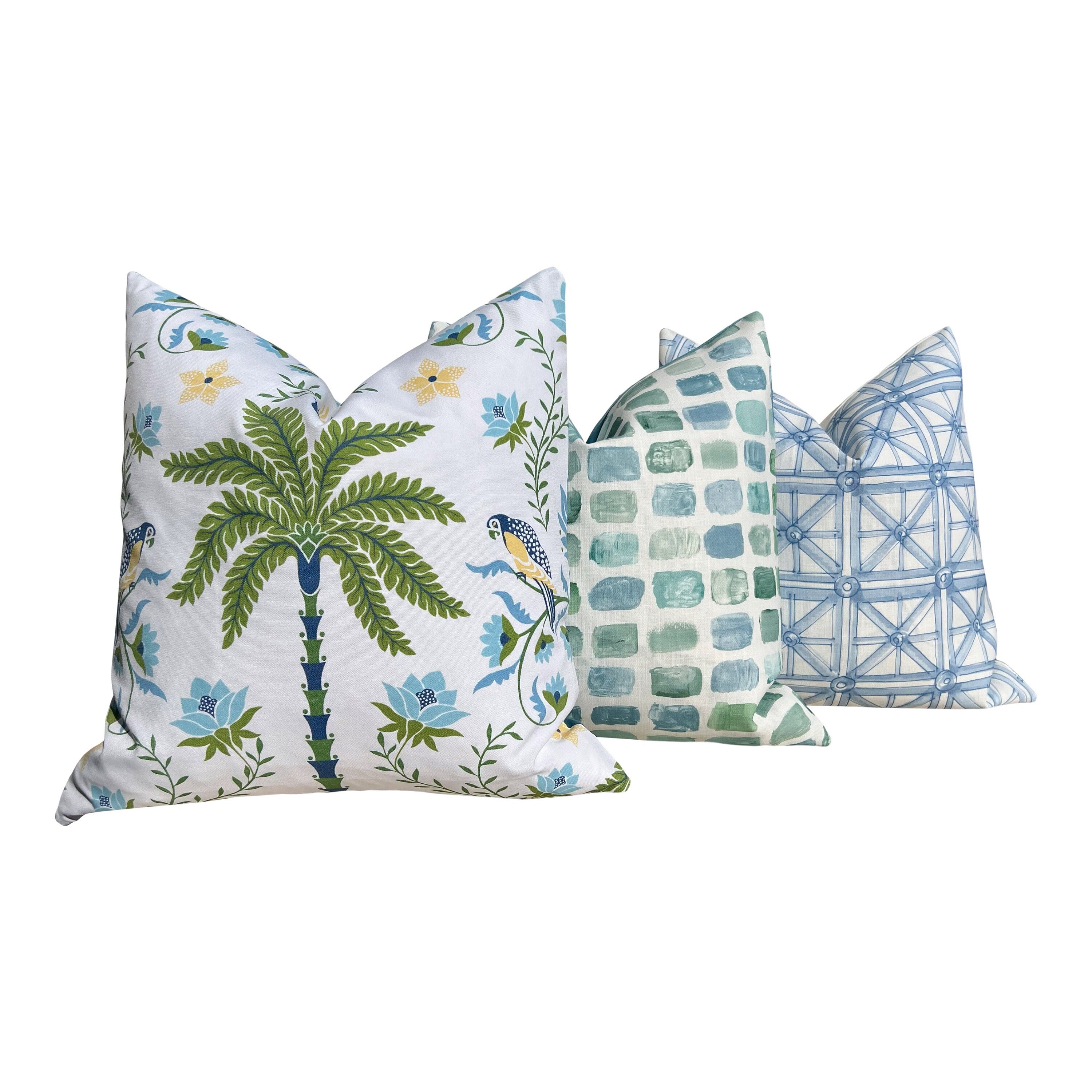 Schumacher Island Palm Outdoor Decorative Pillows. Designer Pillow Covers, Accent Blue Green Tropical Pillows, Hig End Outdoor Cushions