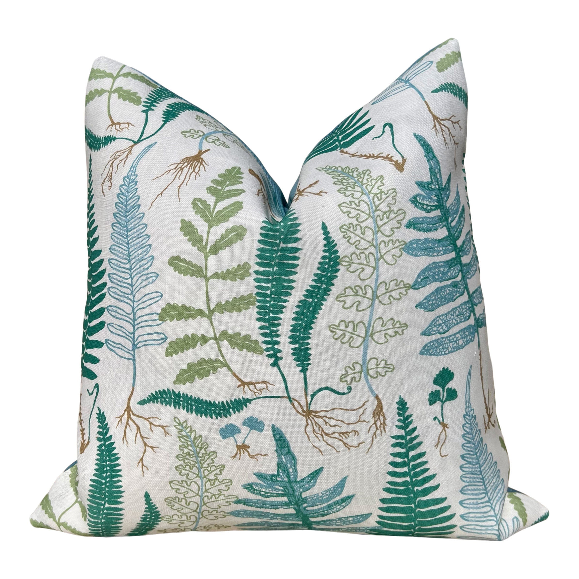 Schumacher Halcott Outdoor Decorative Pillows in Aqua. Designer Pillow Covers, Accent Fern Tropical Pillows, Hig End Patio Outdoor Pillows