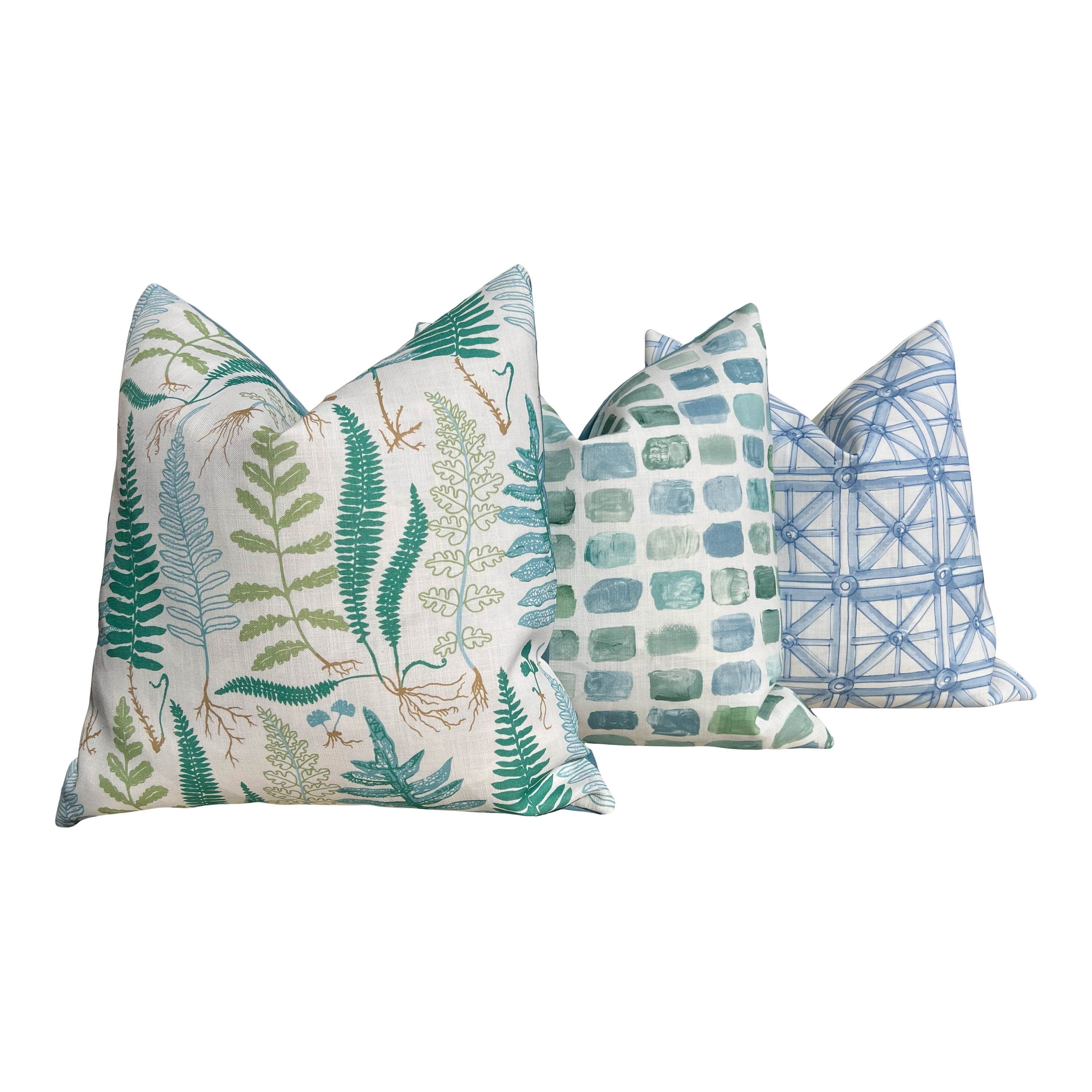 Schumacher Halcott Outdoor Decorative Pillows in Aqua. Designer Pillow Covers, Accent Fern Tropical Pillows, Hig End Patio Outdoor Pillows