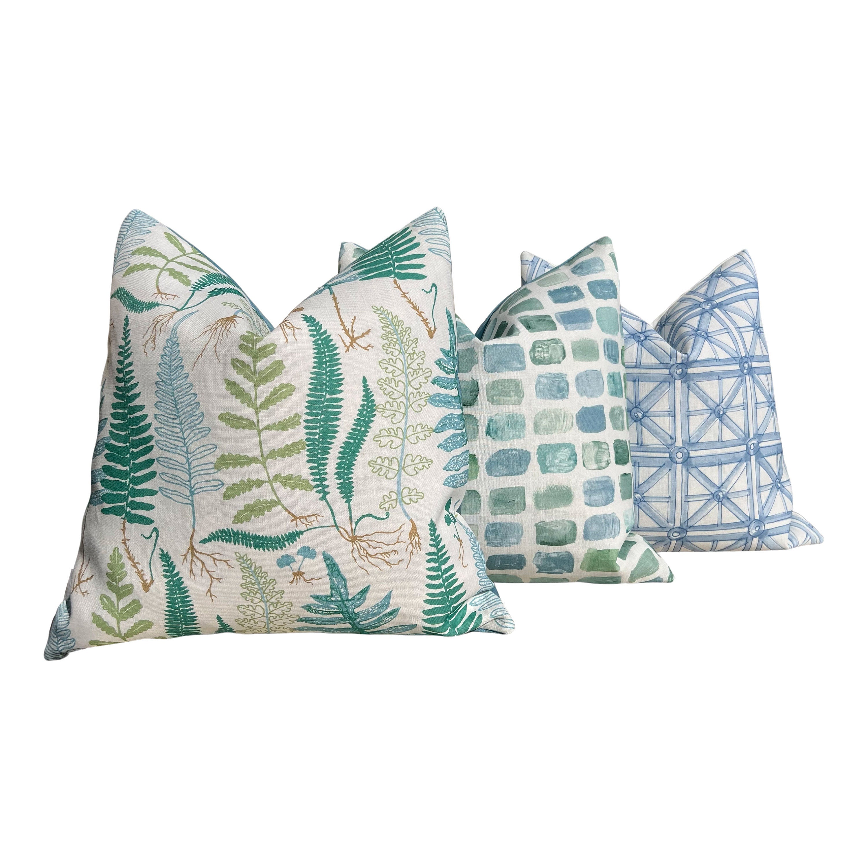 Schumacher Halcott Outdoor Decorative Pillows in Aqua. Designer Pillow Covers, Accent Fern Tropical Pillows, Hig End Patio Outdoor Pillows
