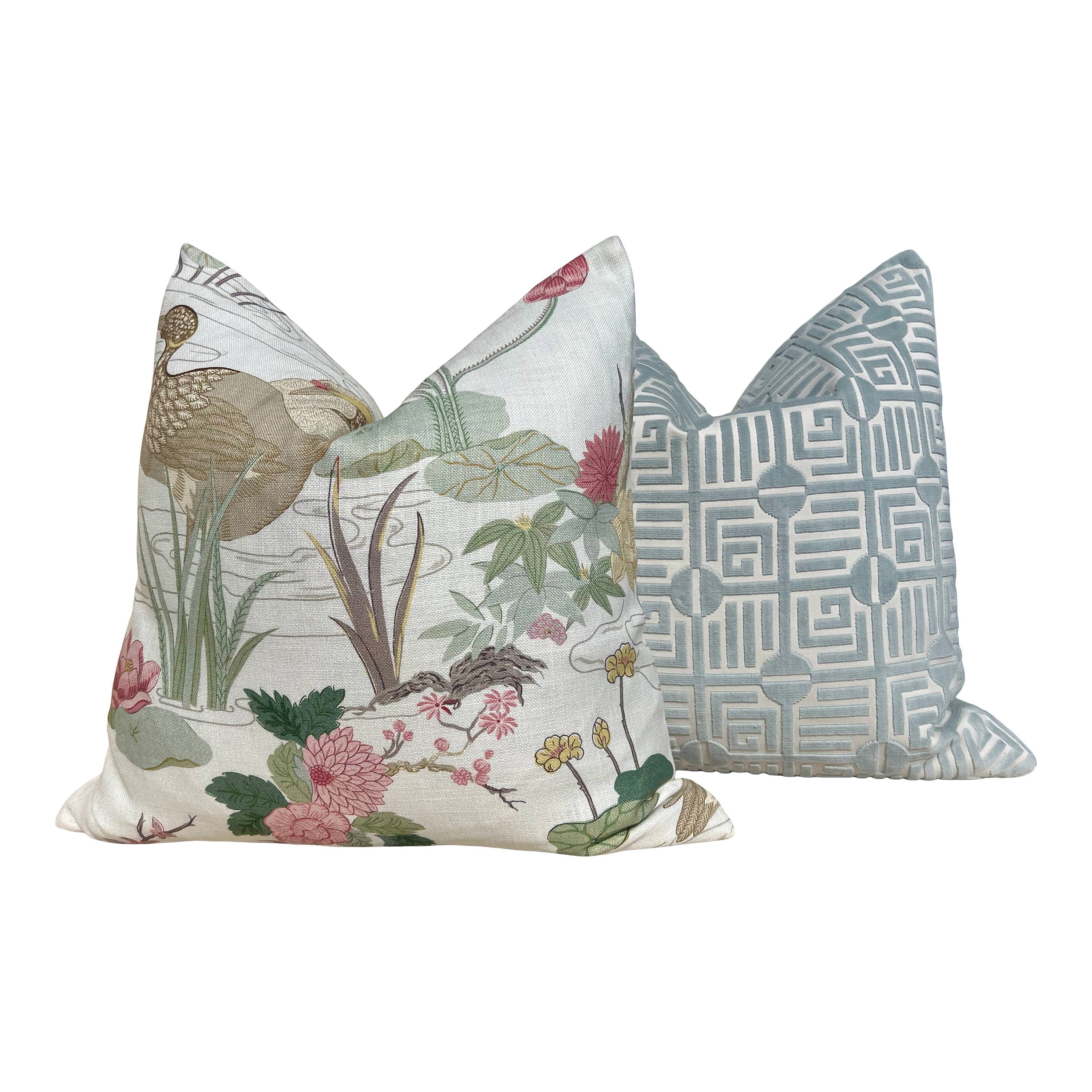 Lee Jofa Luzon Pillow in Spring. Decorative Linen Cream Pillow, Designer Exotic Bird Pillows,Accent Botanical Pillow, Euro Sham Cover 26x26