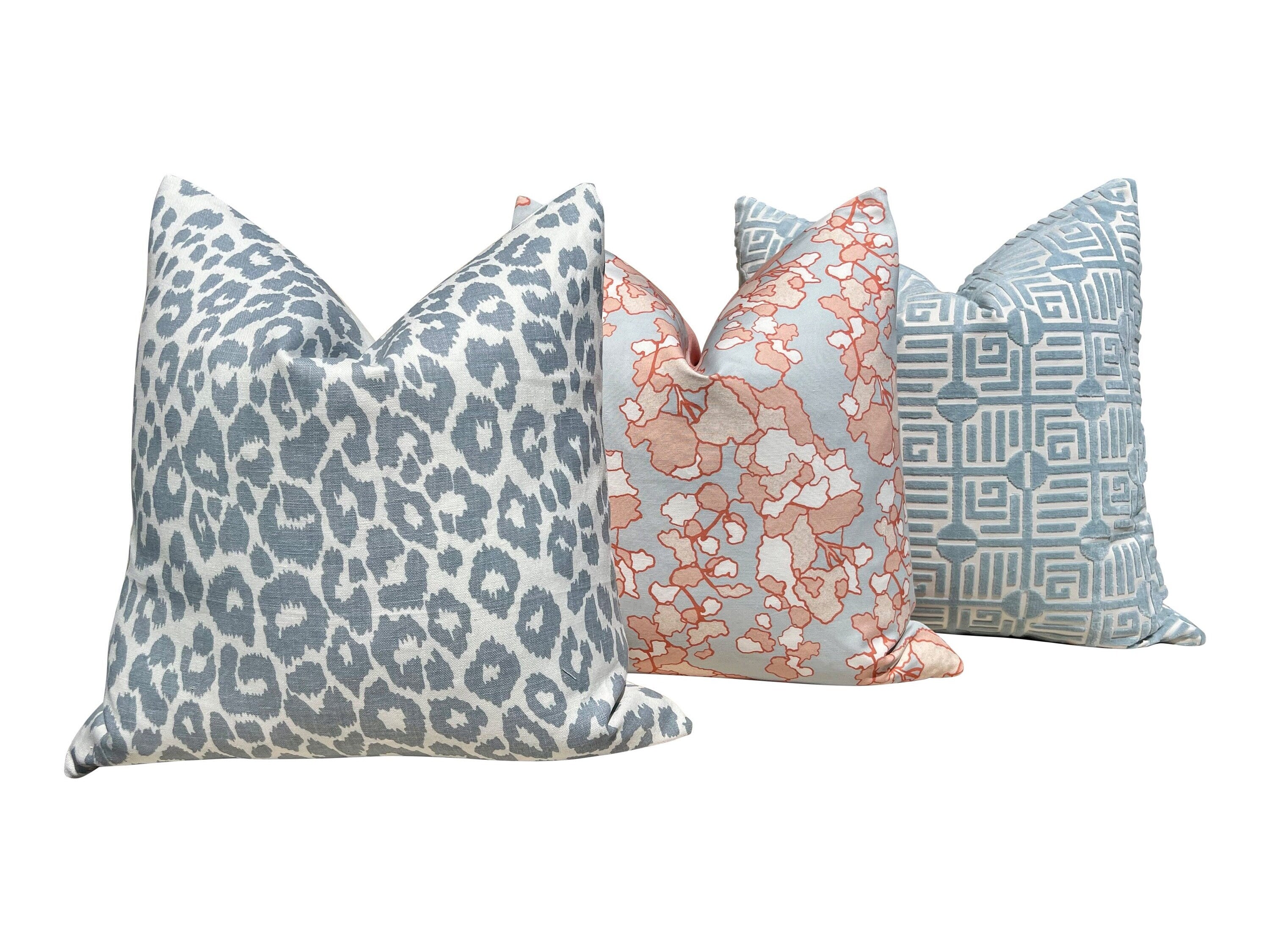 Designer Floral Lines Pillow in Fruit Punch and Clouds. Decorative Pillow Cover in Sky Blue and Coral, Accent High End Modern Cushion Covers