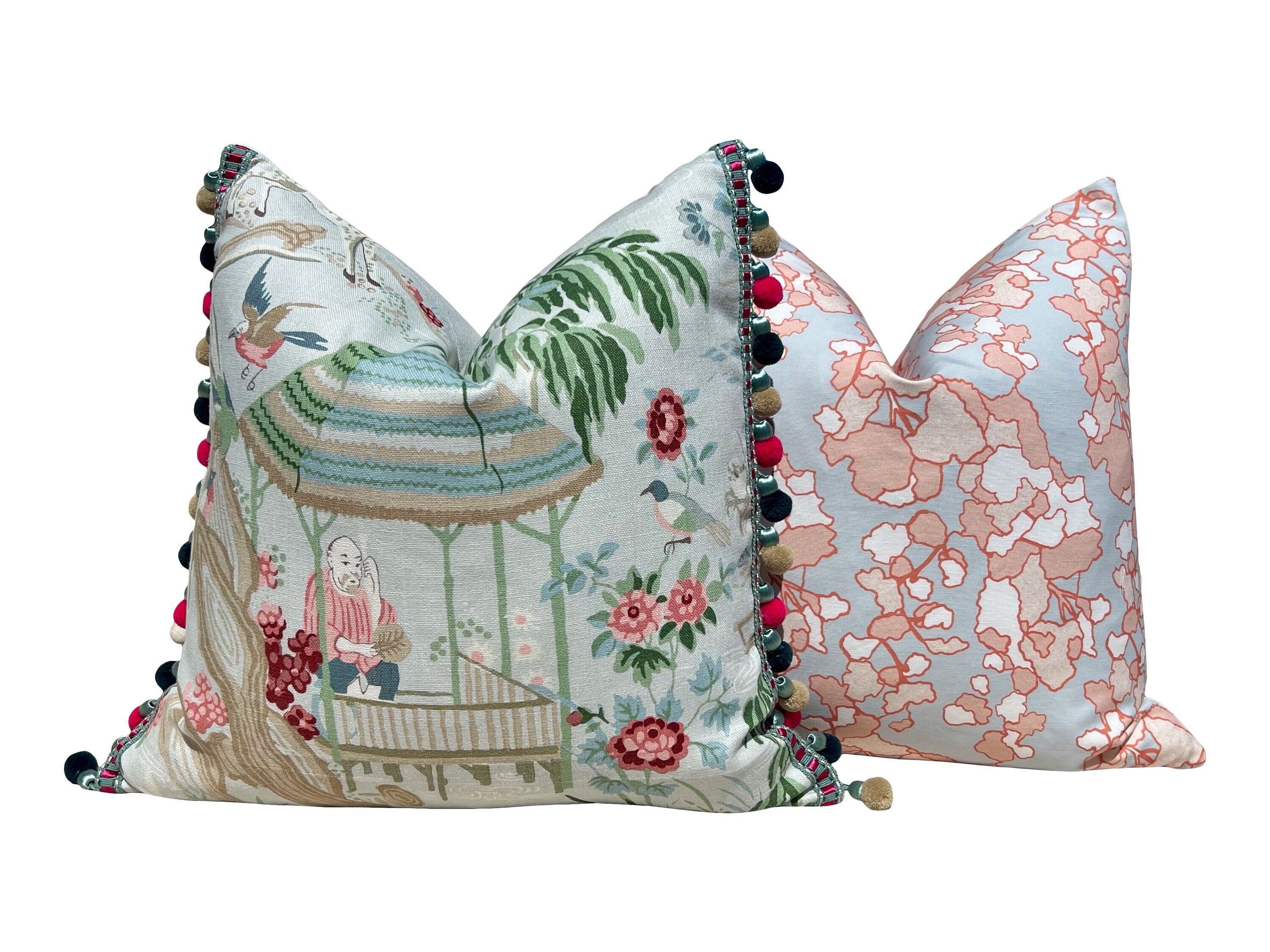 Designer Floral Lines Pillow in Fruit Punch and Clouds. Decorative Pillow Cover in Sky Blue and Coral, Accent High End Modern Cushion Covers