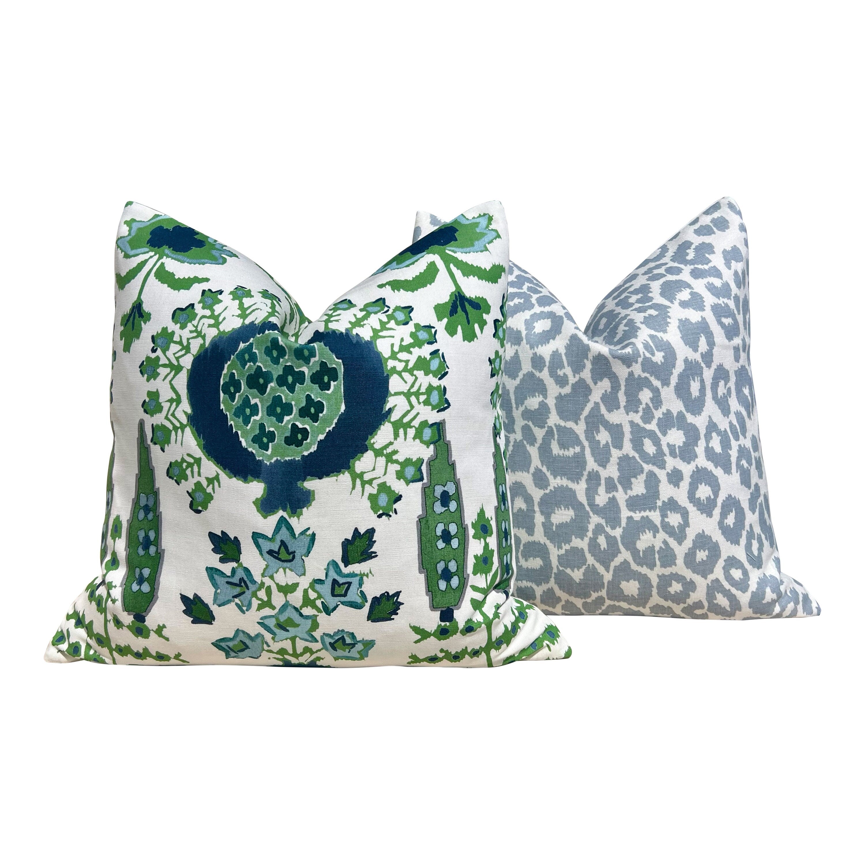 Schumacher Iconic Leopard Linen Pillow in Sky Blue. Designer High End Decorative Leopard Pillows, Accent Linen Pillow Cover in LIght Blue