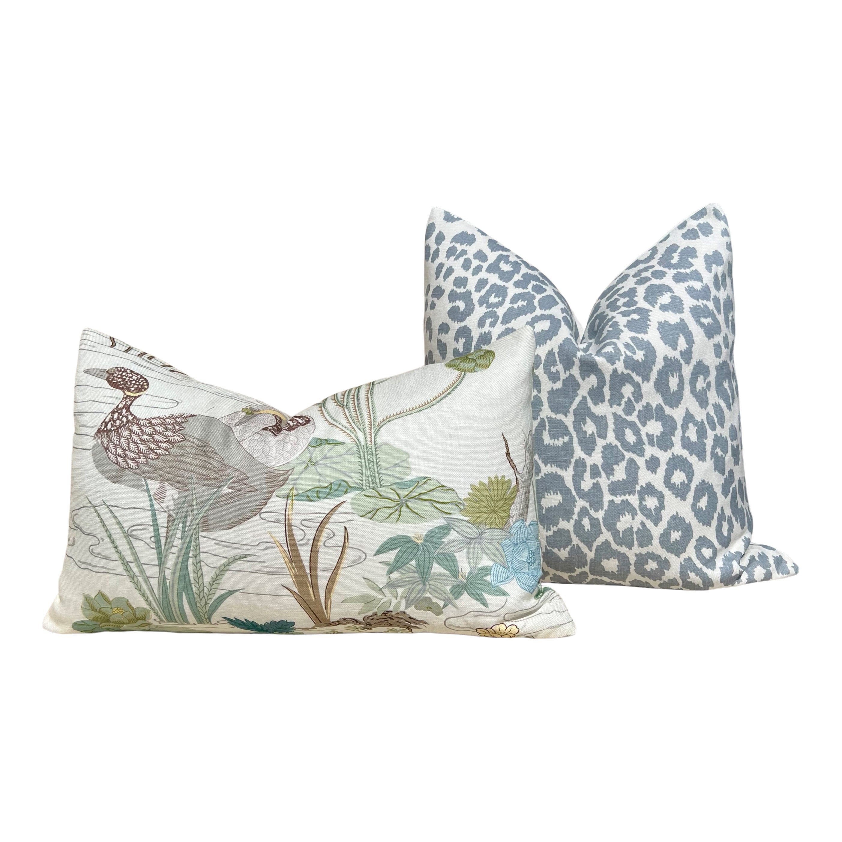 Schumacher Iconic Leopard Linen Pillow in Sky Blue. Designer High End Decorative Leopard Pillows, Accent Linen Pillow Cover in LIght Blue