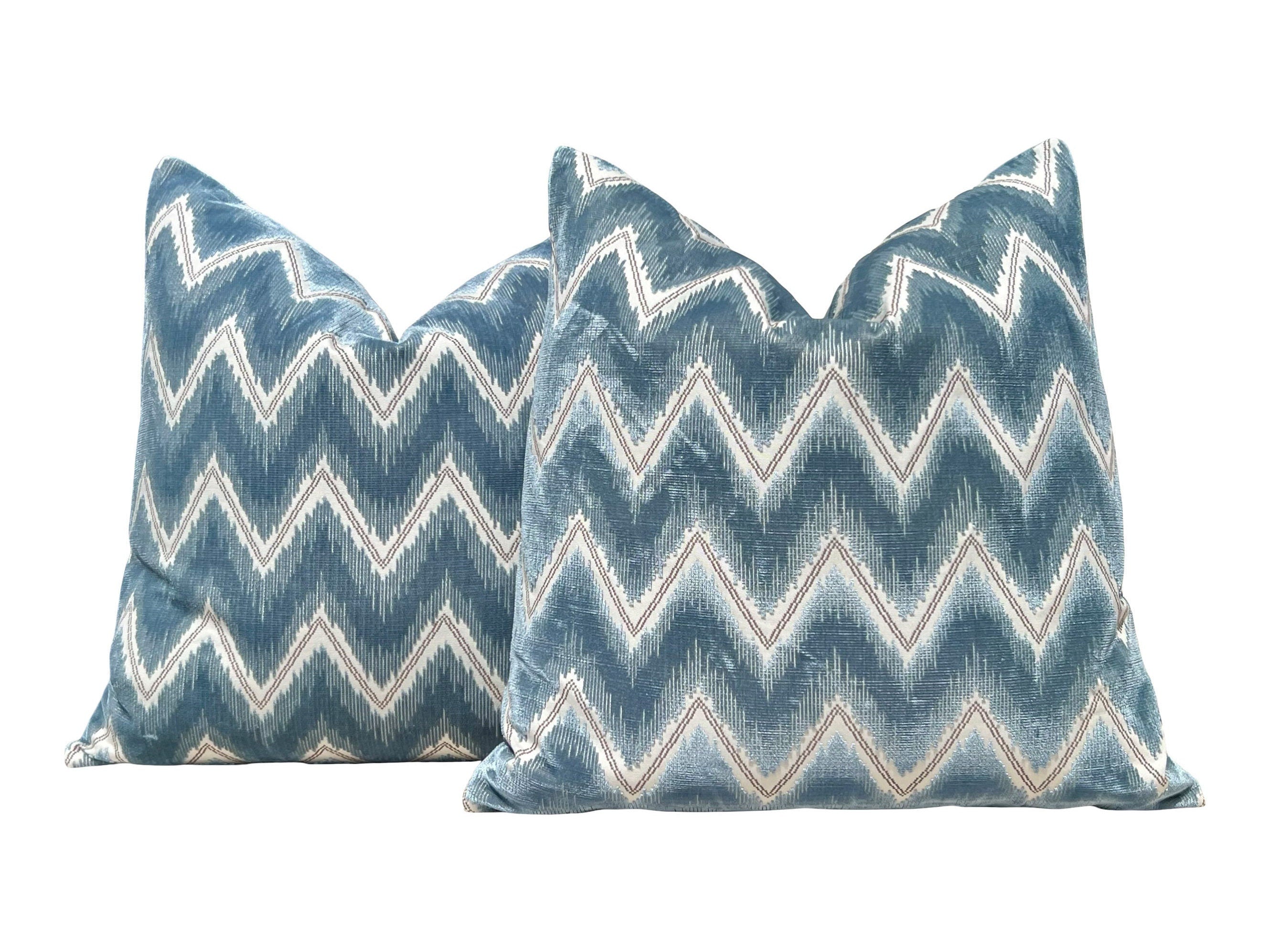 Schumacher Chevron Velvet Pillow in Mineral. Designer Zig Zag Velvet Cushion Cover, Modern Accent Pillows, Contemporary Geometric Pillows