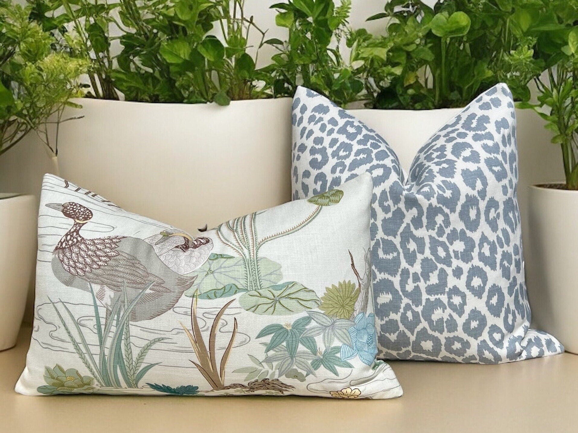 Lee Jofa Luzon Jade Pillow, Designer Aqua Teal Exotic Bird Cushion, Luxury Botanical Linen Pillow Cover, Decorative Linen Pillow in Aqua.