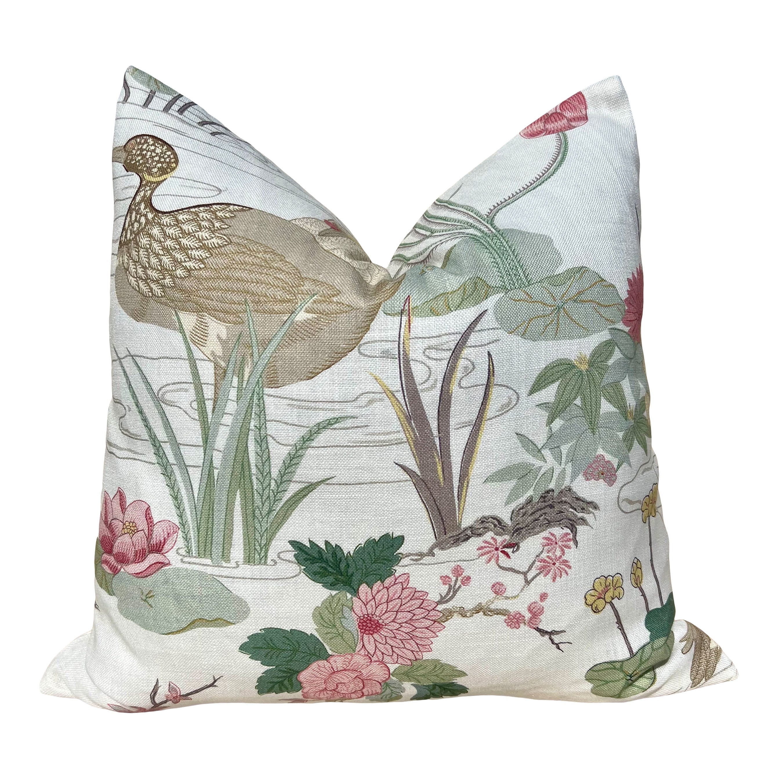 Lee Jofa Luzon Pillow in Spring. Decorative Linen Cream Pillow, Designer Exotic Bird Pillows,Accent Botanical Pillow, Euro Sham Cover 26x26