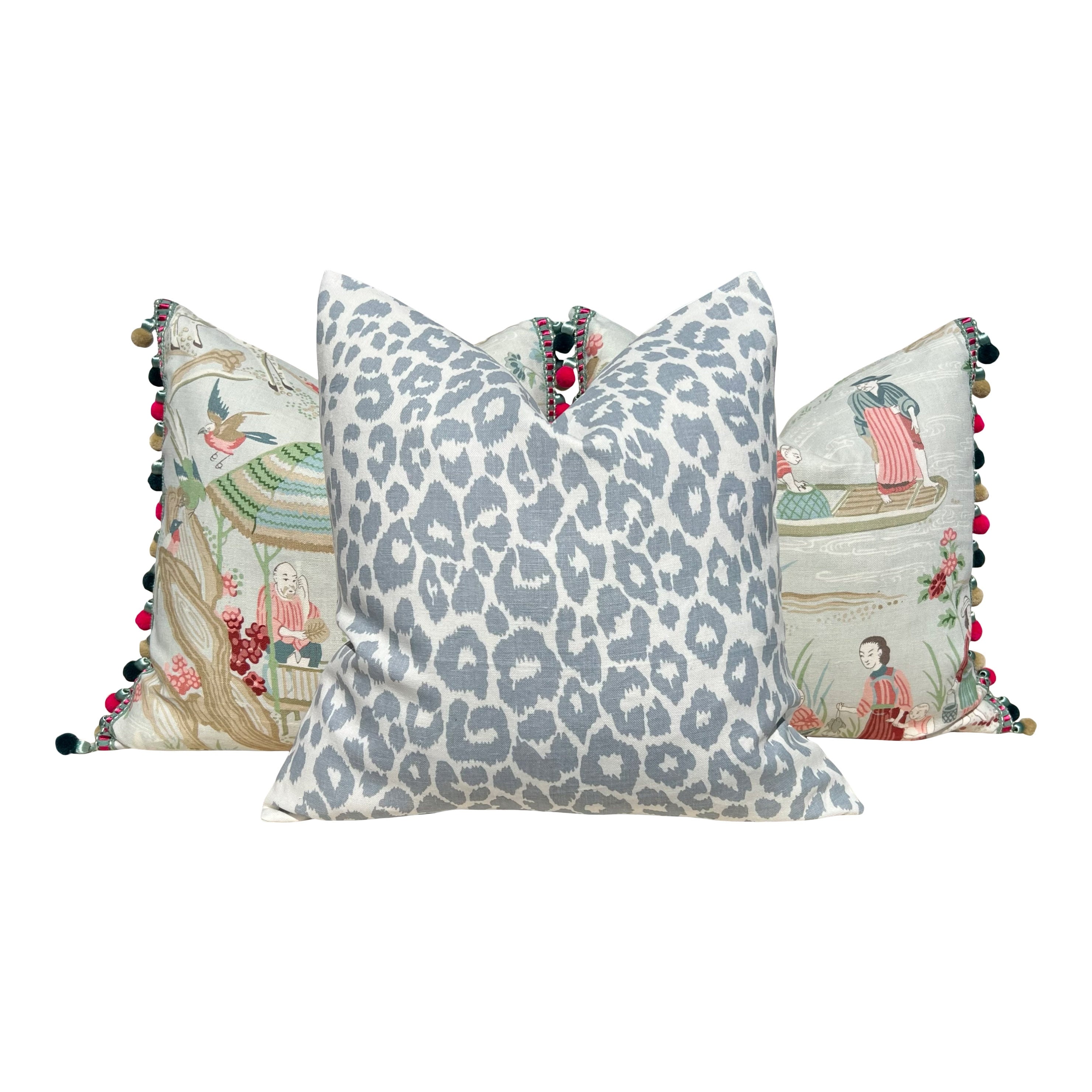 Schumacher Iconic Leopard Linen Pillow in Sky Blue. Designer High End Decorative Leopard Pillows, Accent Linen Pillow Cover in LIght Blue