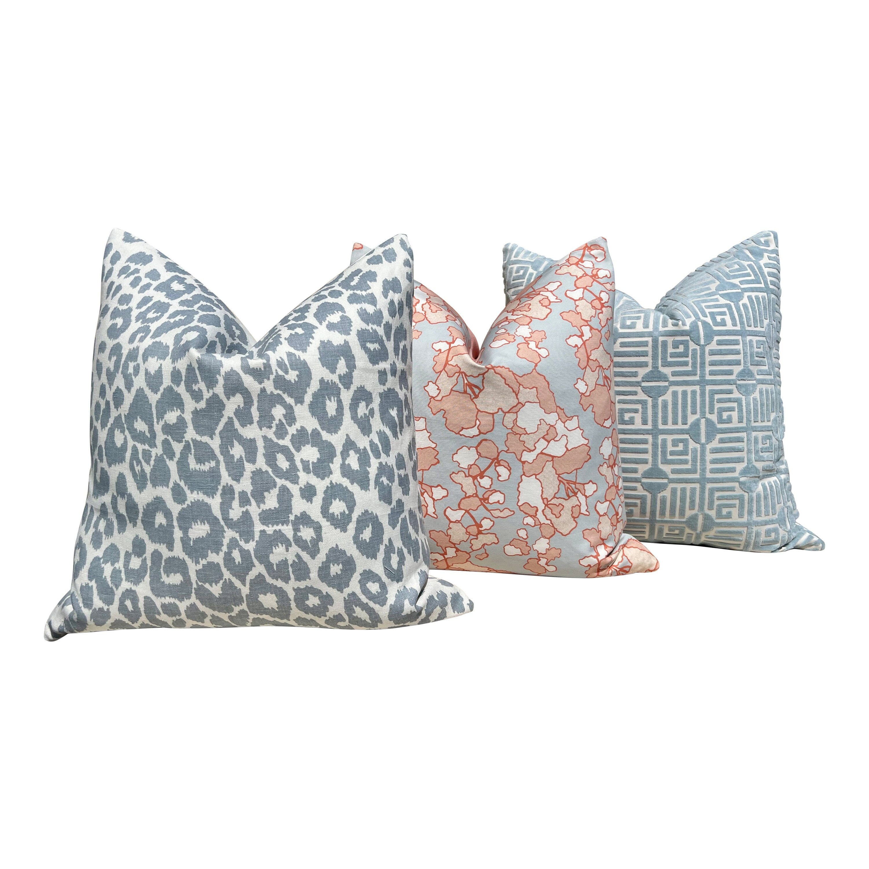 Schumacher Iconic Leopard Linen Pillow in Sky Blue. Designer High End Decorative Leopard Pillows, Accent Linen Pillow Cover in LIght Blue