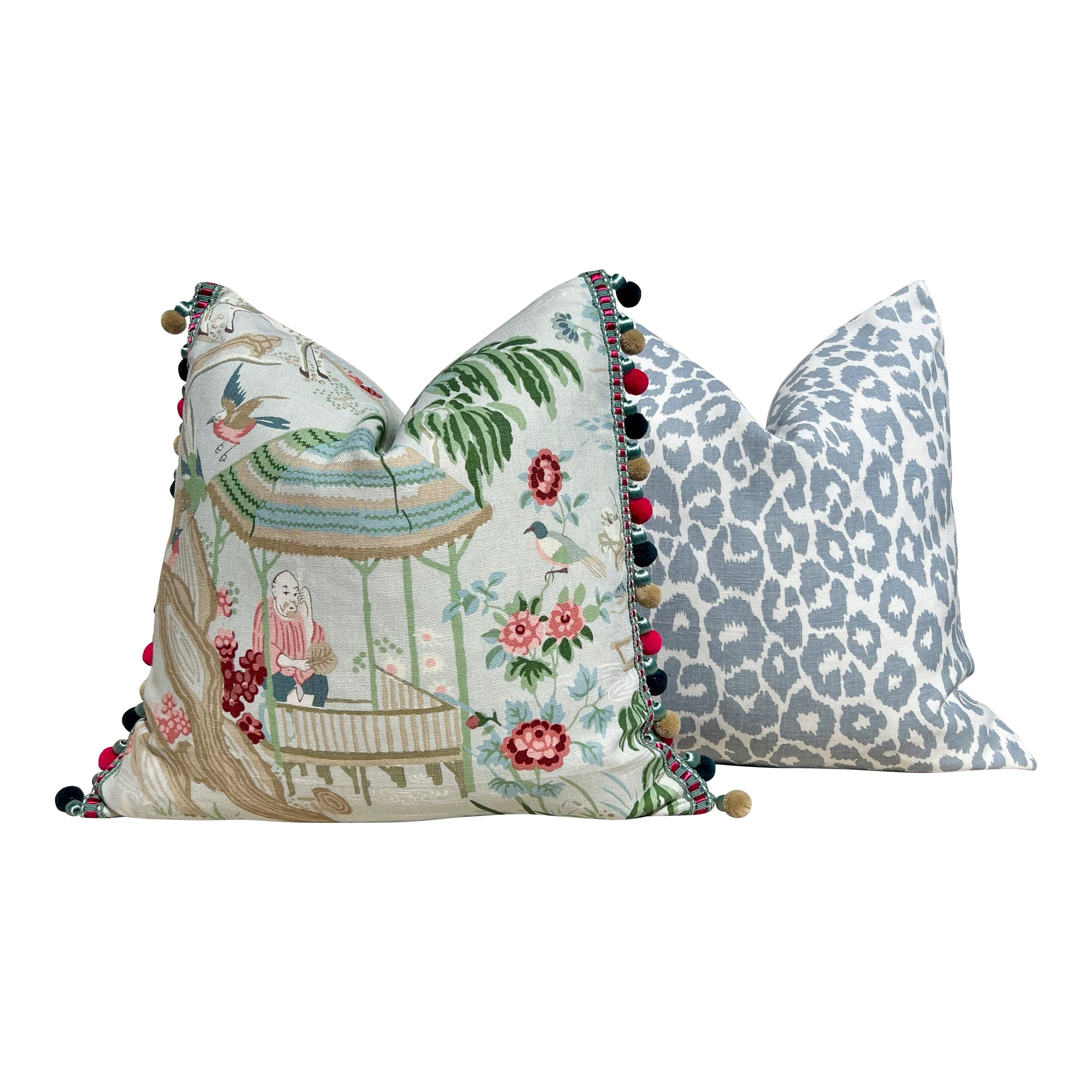 Schumacher Iconic Leopard Linen Pillow in Sky Blue. Designer High End Decorative Leopard Pillows, Accent Linen Pillow Cover in LIght Blue