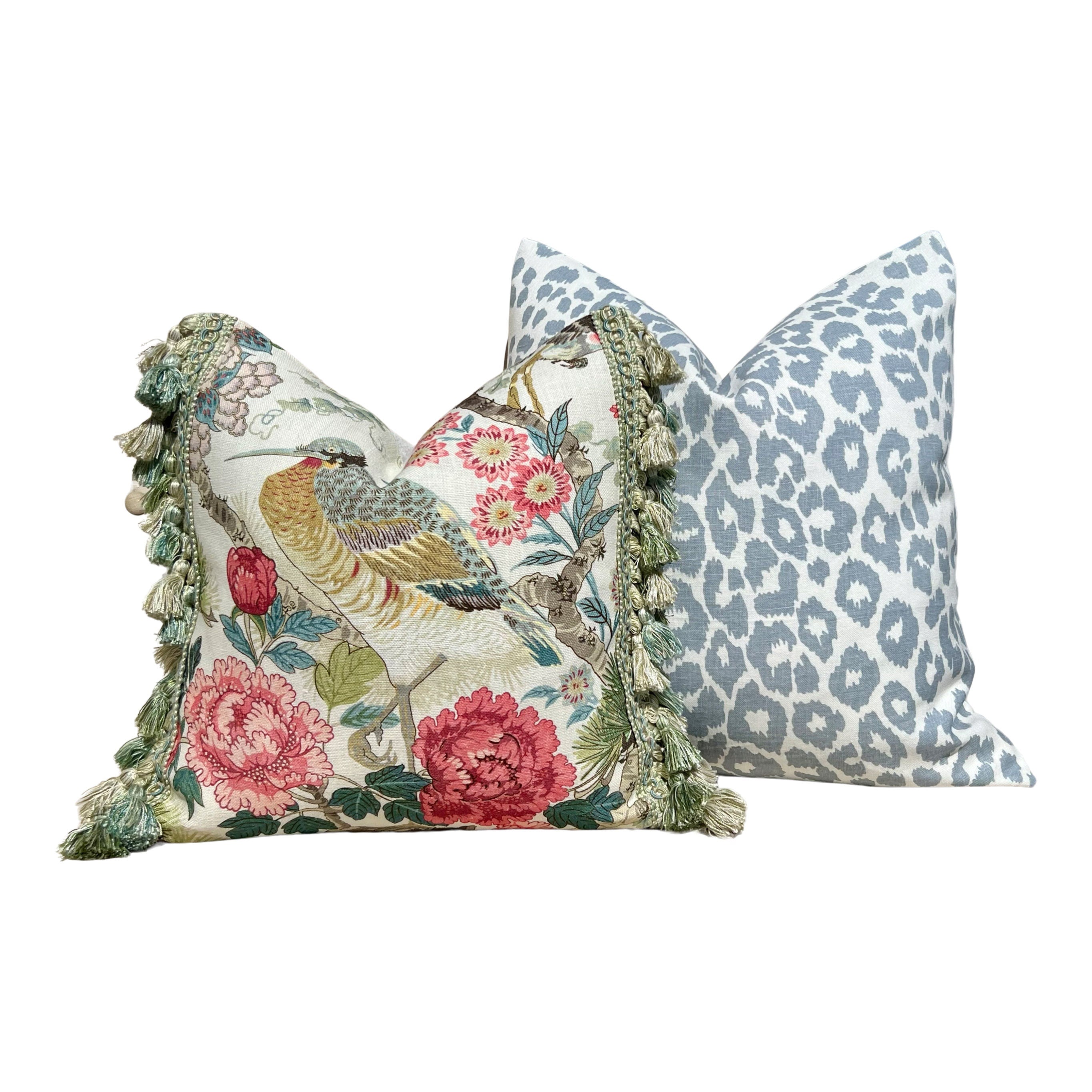 Schumacher Iconic Leopard Linen Pillow in Sky Blue. Designer High End Decorative Leopard Pillows, Accent Linen Pillow Cover in LIght Blue