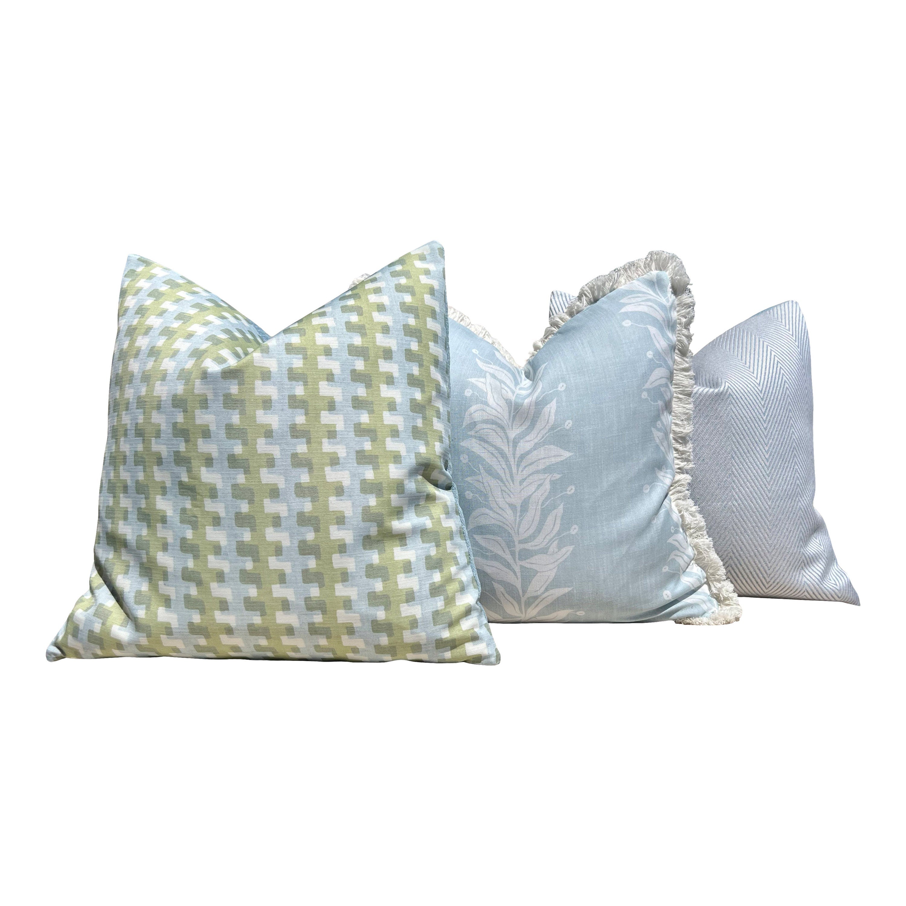 Schumacher Tendril Stripe Outdoor Decorative Pillow in Sky Blue. Designer Pillow Covers, Accent LIght Blue Cushion Cover, Outdoor Deck Decor