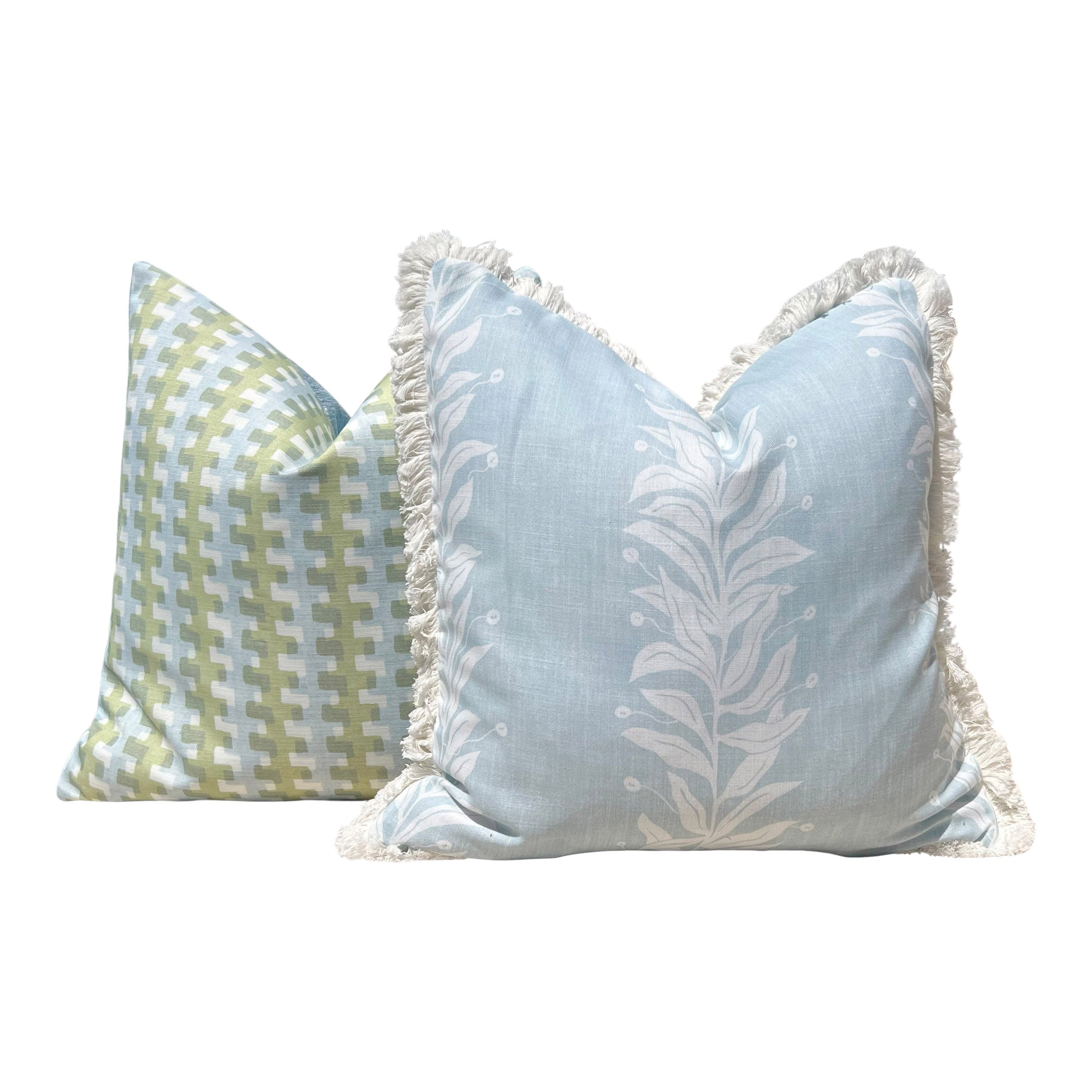 Schumacher Tendril Stripe Outdoor Decorative Pillow in Sky Blue. Designer Pillow Covers, Accent LIght Blue Cushion Cover, Outdoor Deck Decor