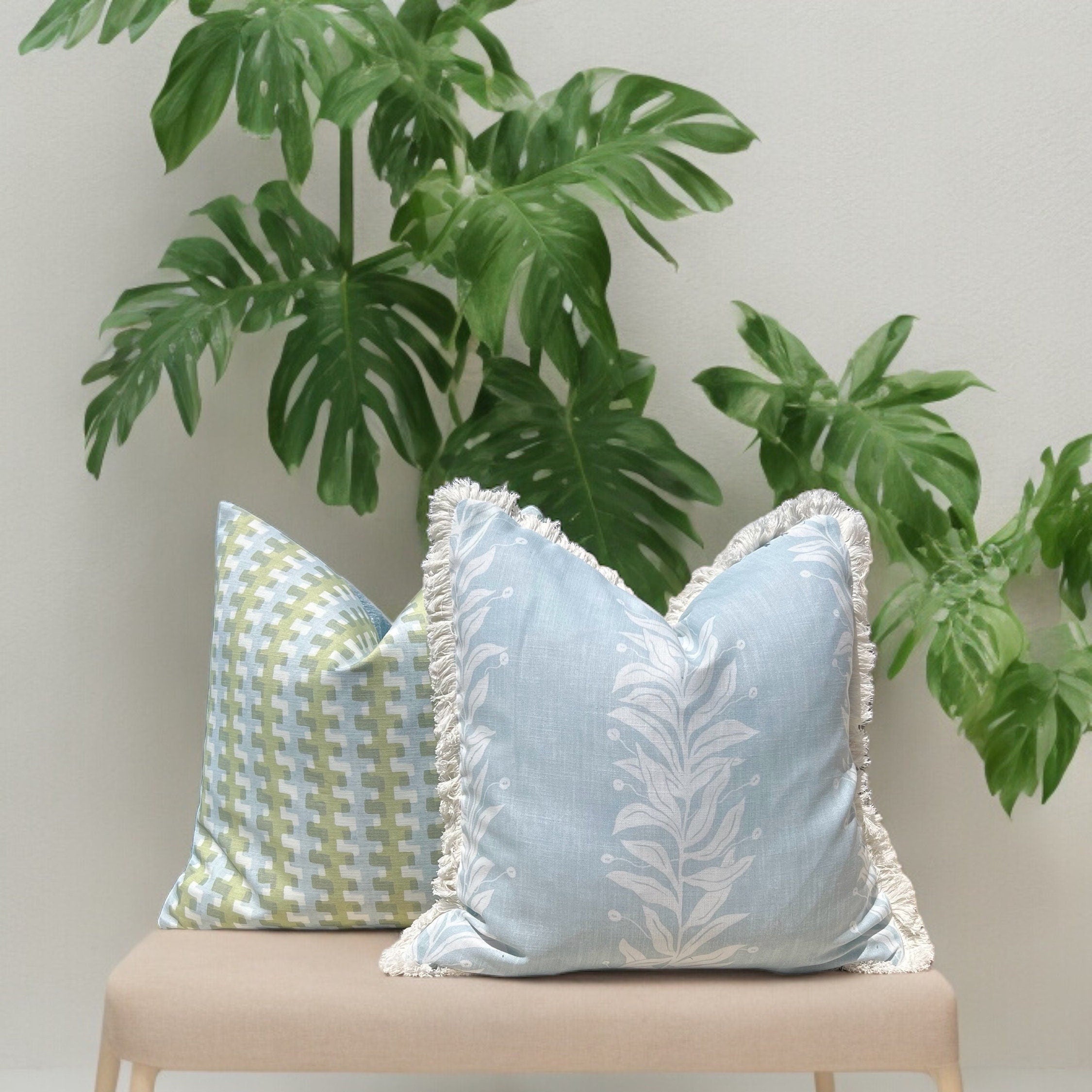 Schumacher Tendril Stripe Outdoor Decorative Pillow in Sky Blue. Designer Pillow Covers, Accent LIght Blue Cushion Cover, Outdoor Deck Decor